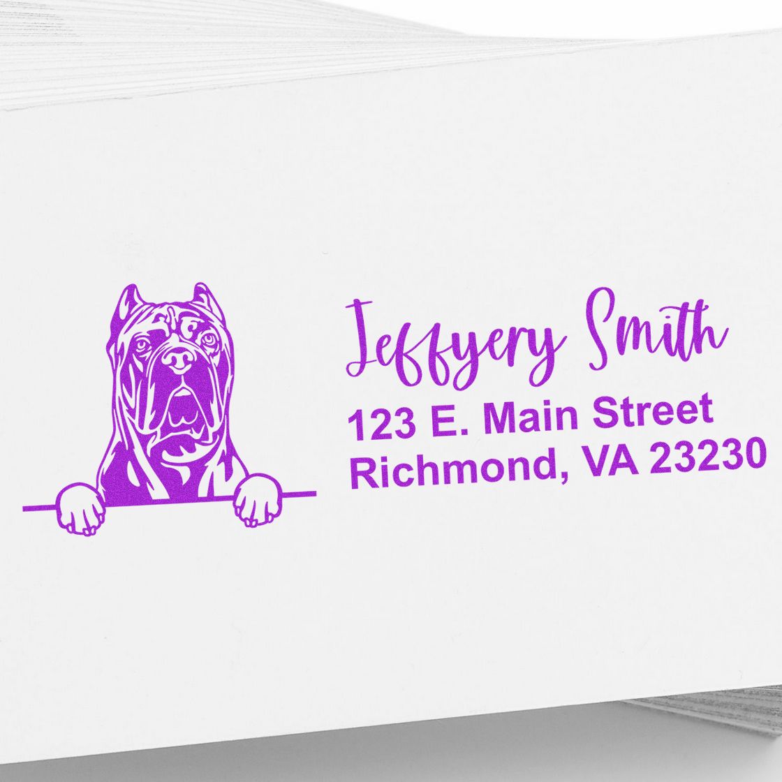 Purple dog stamp and seal with Jeffrey Smith name and Richmond, VA address on white paper.