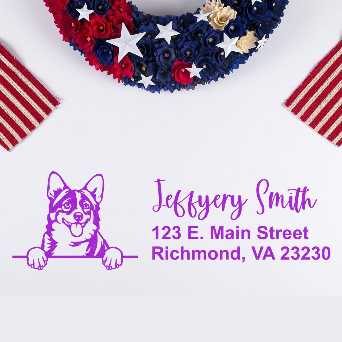Purple custom stamp and seal with corgi and address, under a red, navy and cream patriotic wreath with white stars.