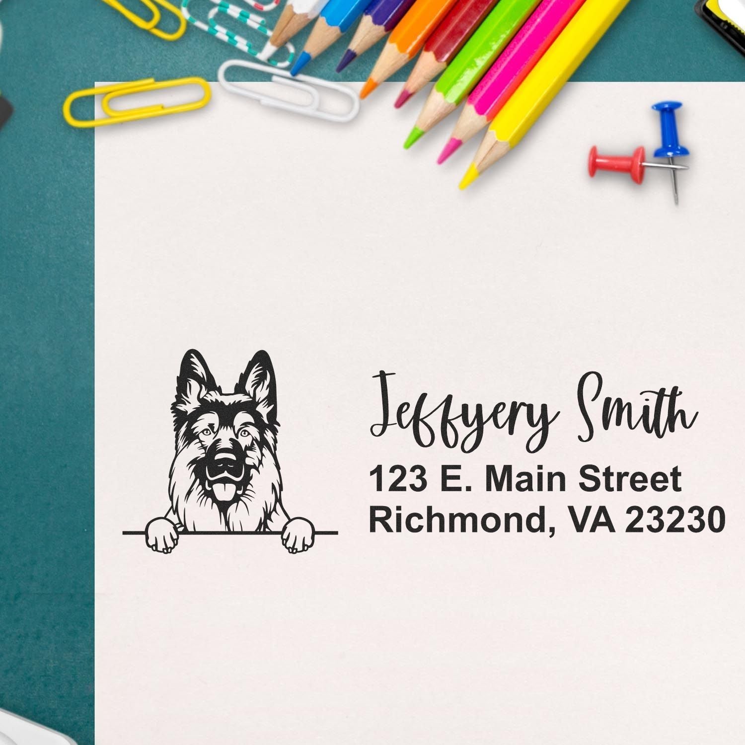 Peeking German Shepherd Name and Address Rubber Stamp - Engineer Seal Stamps