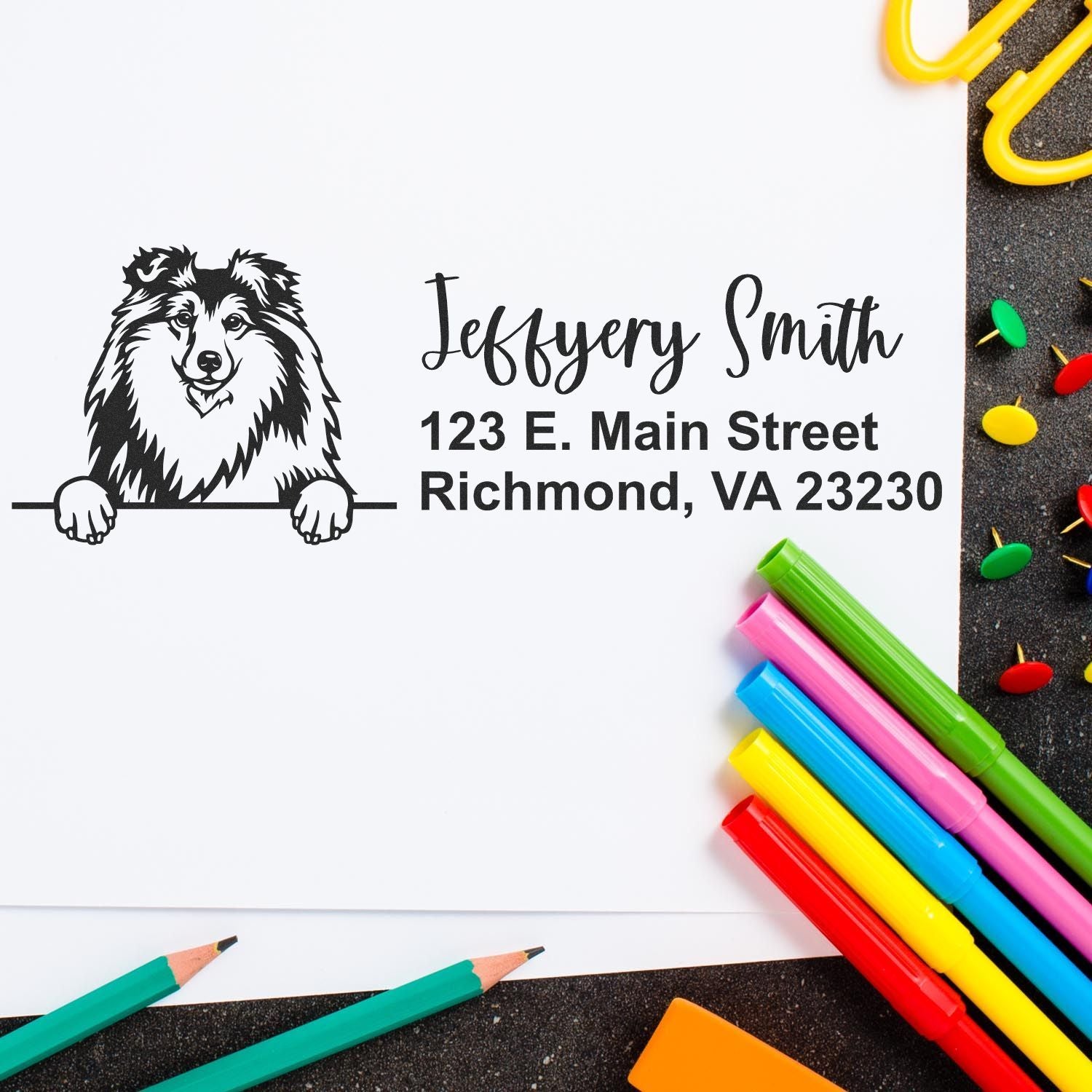 Peeking Shetland Sheepdog Name and Address Rubber Stamp - Engineer Seal Stamps