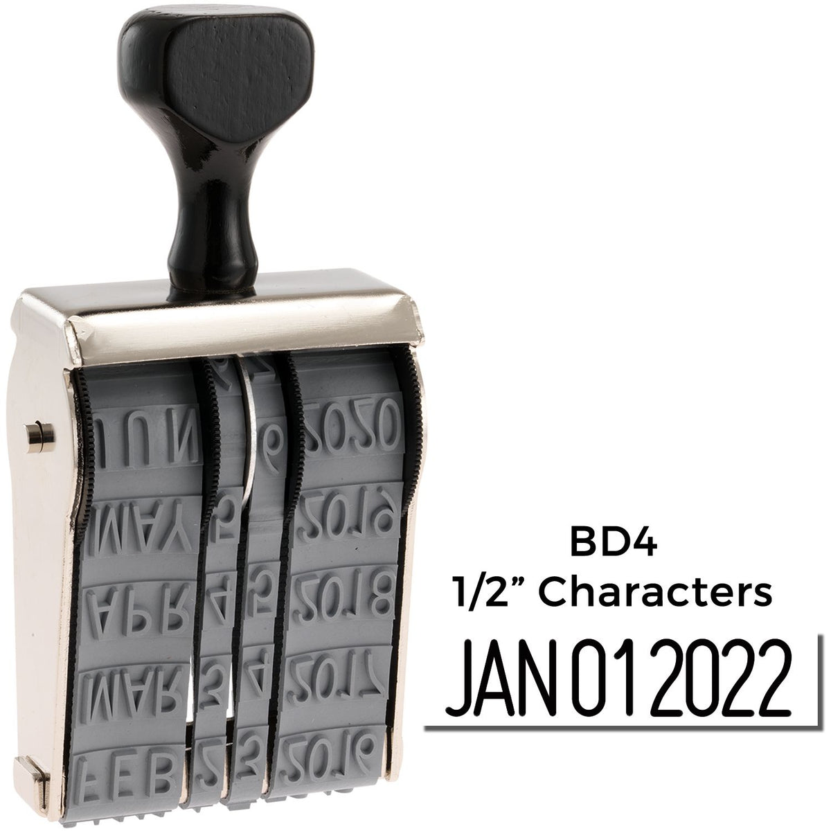 Black self-inking date stamp seal with gray rotating bands and 1/2-inch characters, marked JAN 012022