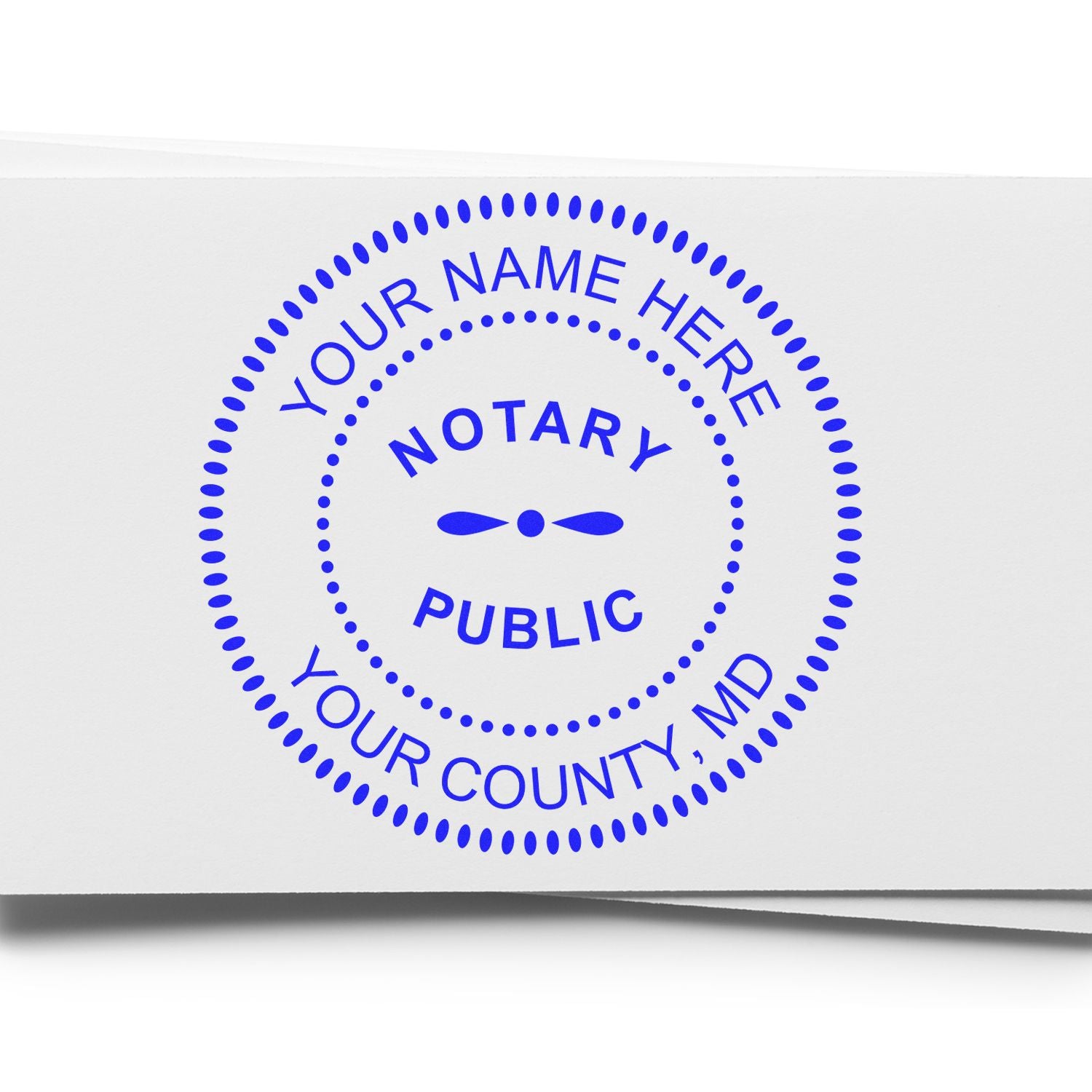 Blue circular notary public seal stamp with dotted border, placeholder name, and county text on white paper.