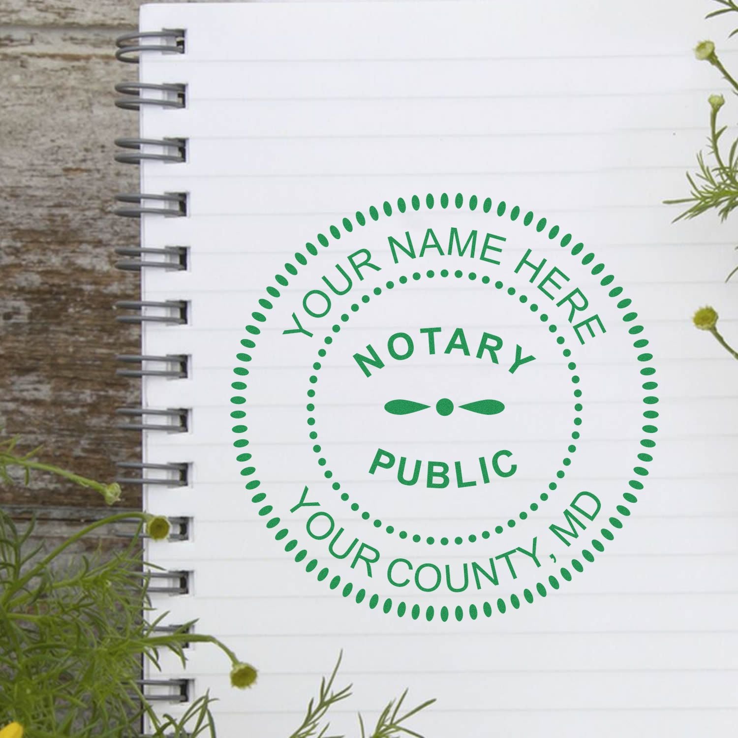 Green customizable notary public stamp seal on white spiral notebook, with dotted circular border and placeholder name text.