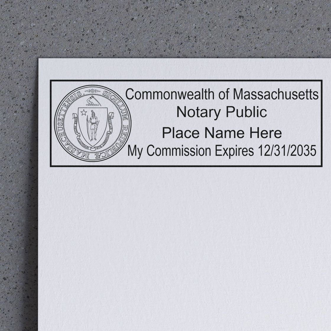Black-and-white Massachusetts notary public stamp and seal on white paper with commission expiry date and place name text.