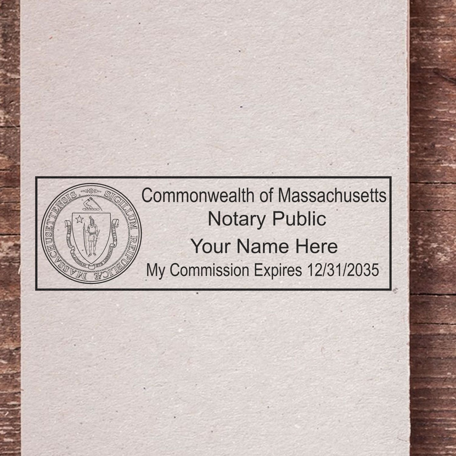 Black Massachusetts notary public stamp and seal sample on cream paper, with state seal, name line, and commission expiry date.