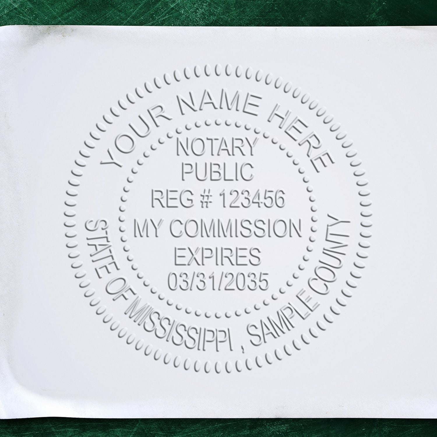 White embossed notary public stamp seal with dotted border, reg number, and Mississippi sample text on white paper.