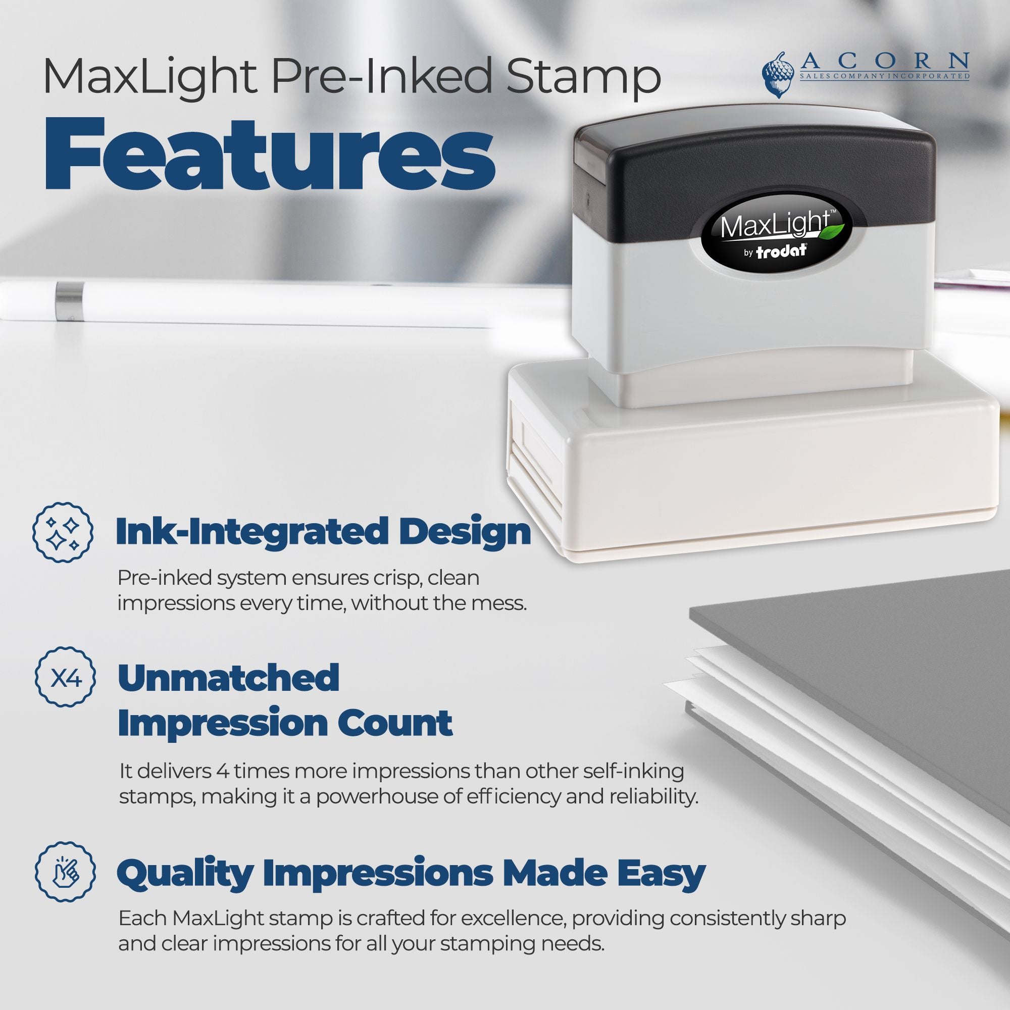 MaxLight pre-inked stamp and seal in black, white and blue, with ink-integrated design and 4x impression count features.