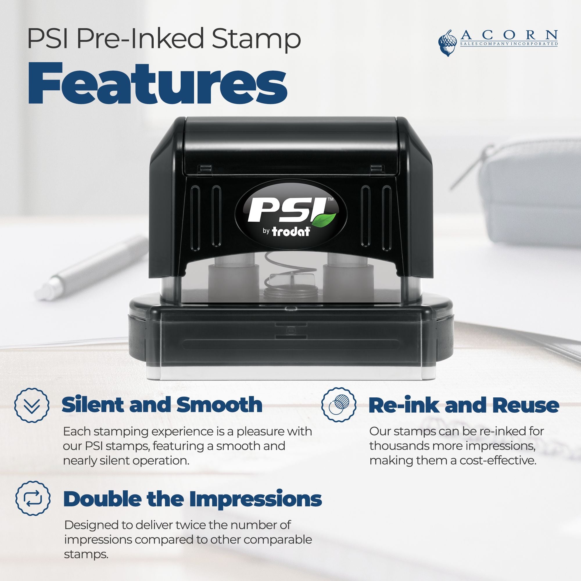 Black PSI pre-inked stamp and seal by Trodat with blue feature text on a white background.