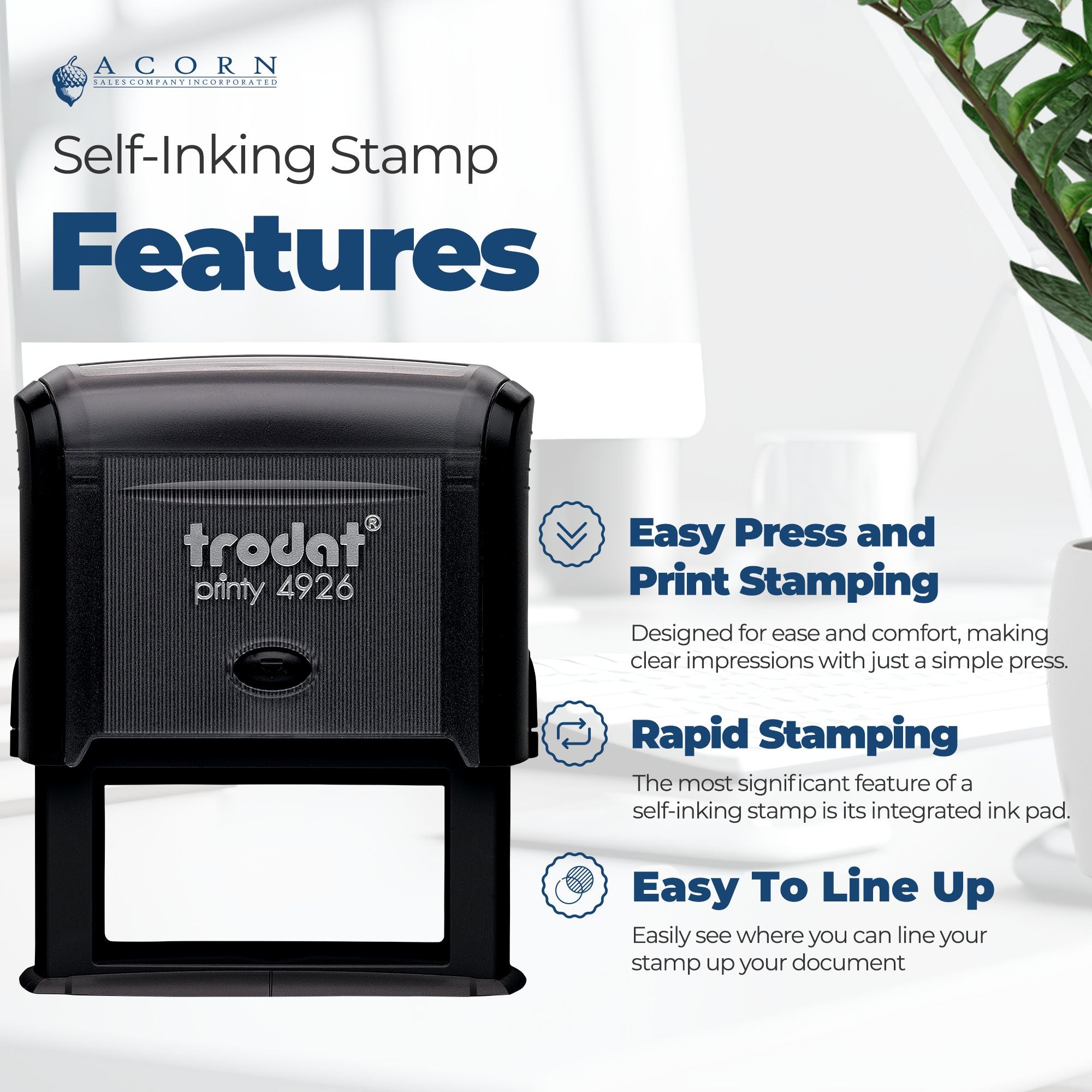 Black self-inking Trodat stamp and seal with blue feature text on a white background