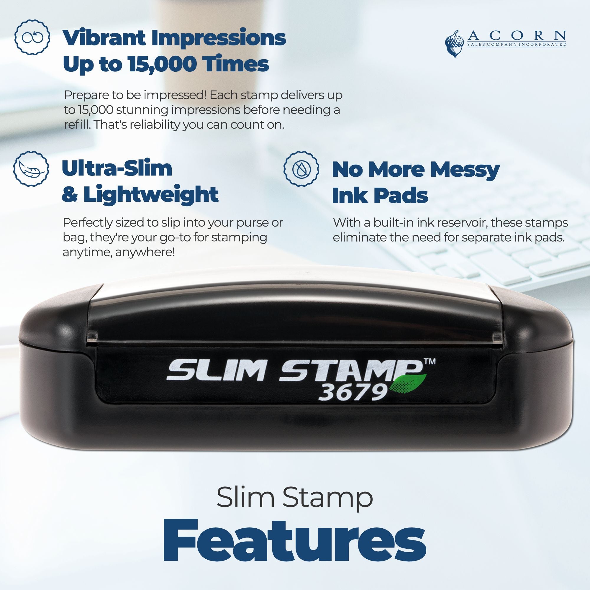 Black slim self-inking stamp and seal product with blue feature text and Acorn branding.