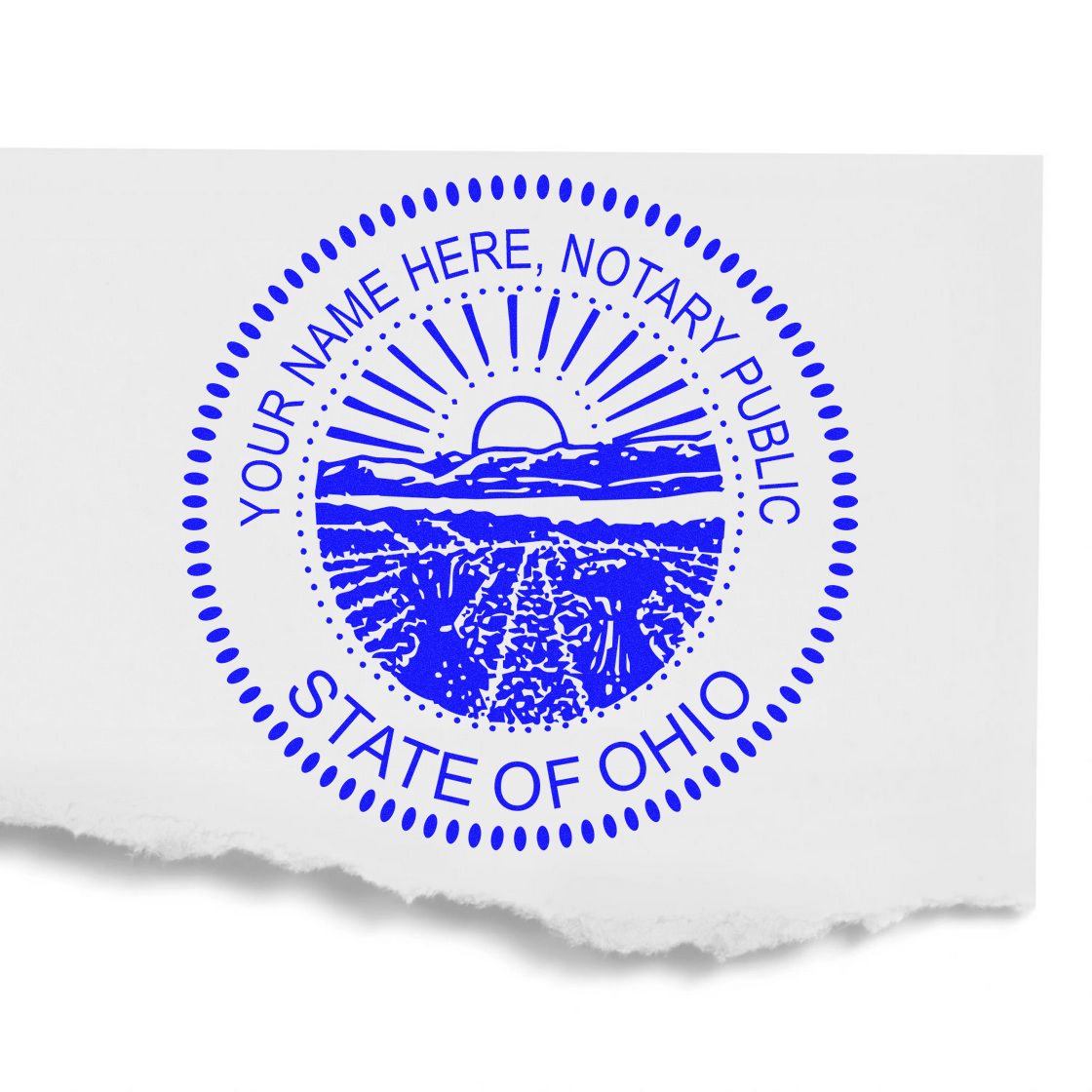 Blue Ohio notary public stamp seal on white paper, with circular state seal, sun and landscape.