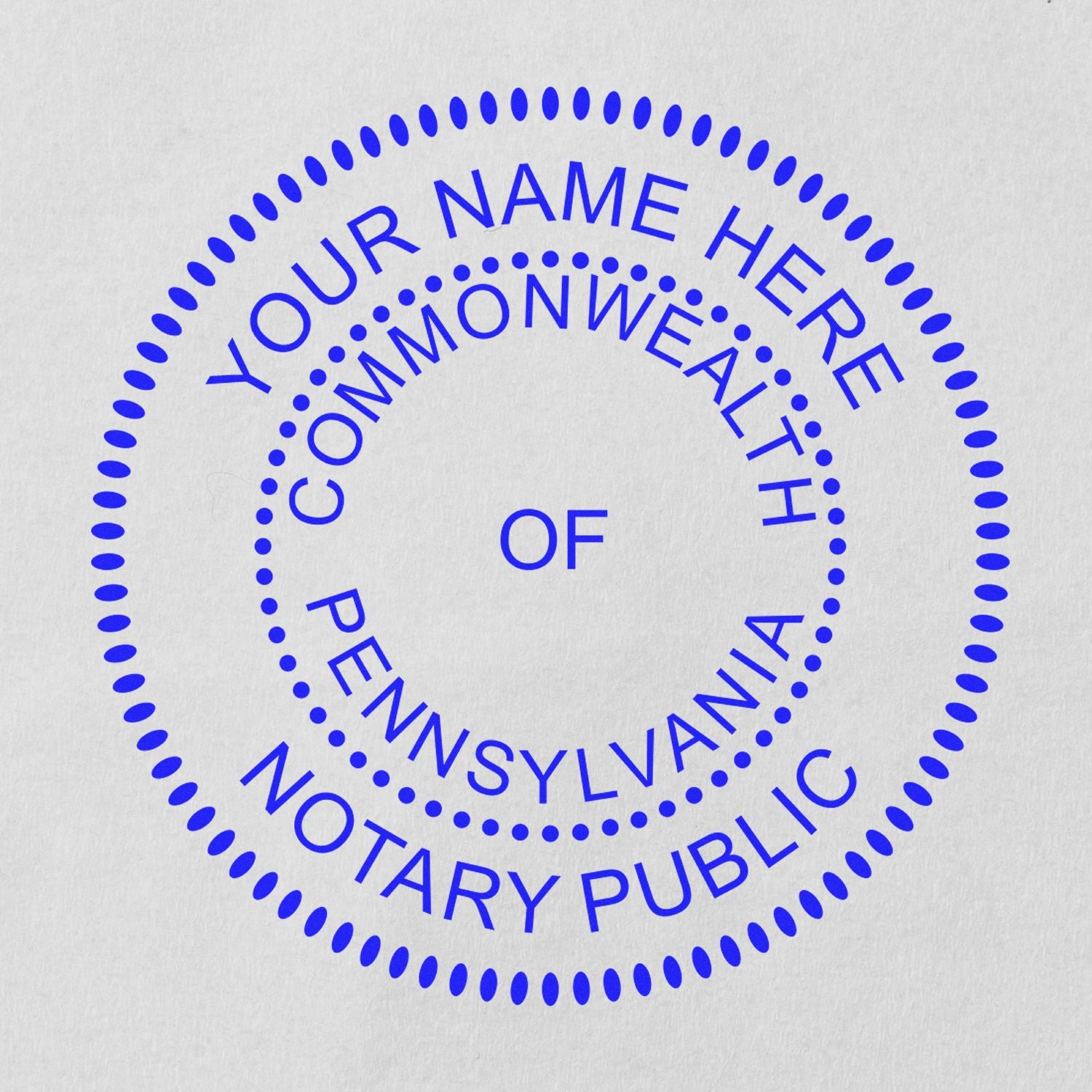 Blue circular notary public seal stamp on white paper with dotted border, placeholder name, and state text.