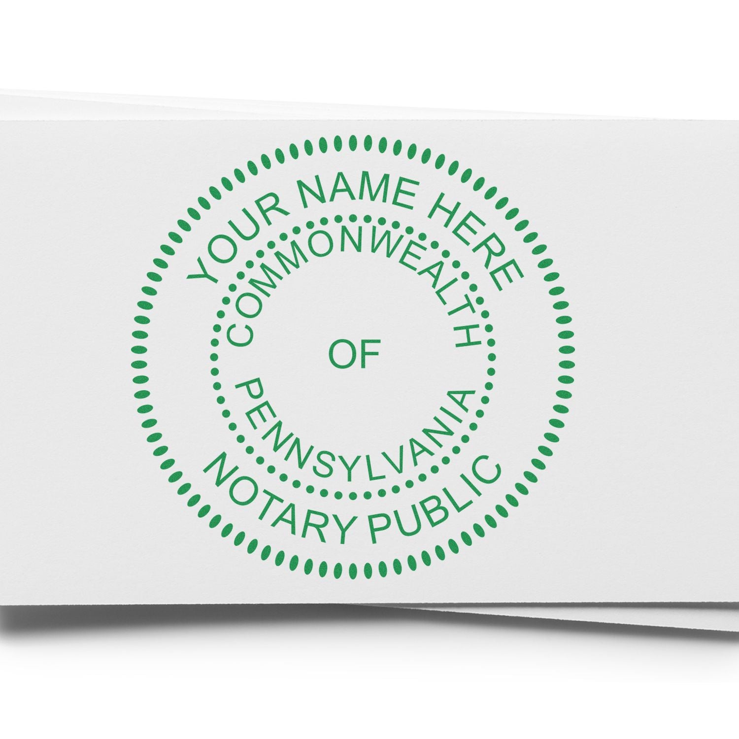 Green circular notary public stamp and seal in green on white paper, with dotted border and Commonwealth of Pennsylvania text.