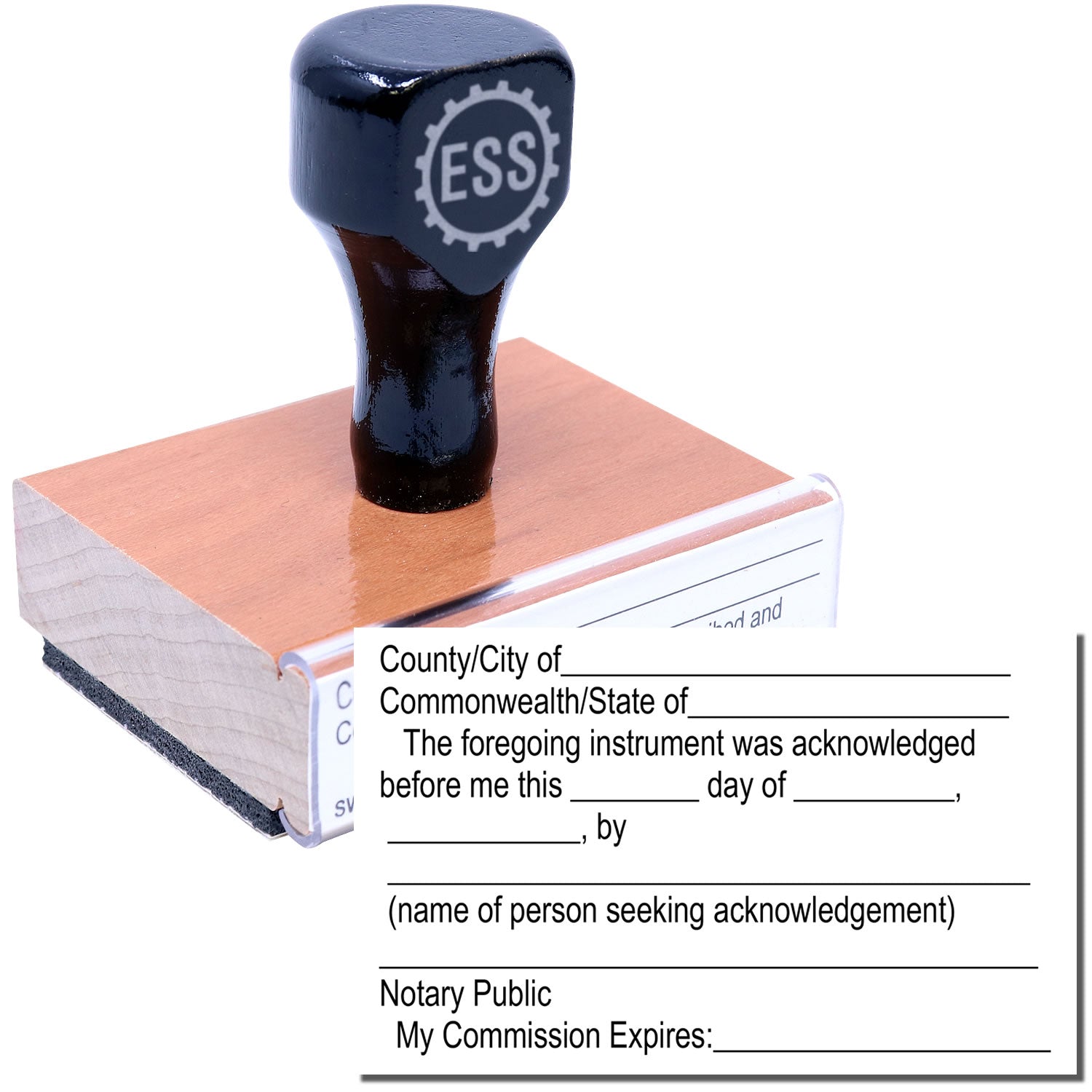 Notary Acknowledgment Stamp with a wooden base and black handle, shown next to a sample acknowledgment form for notary public use.