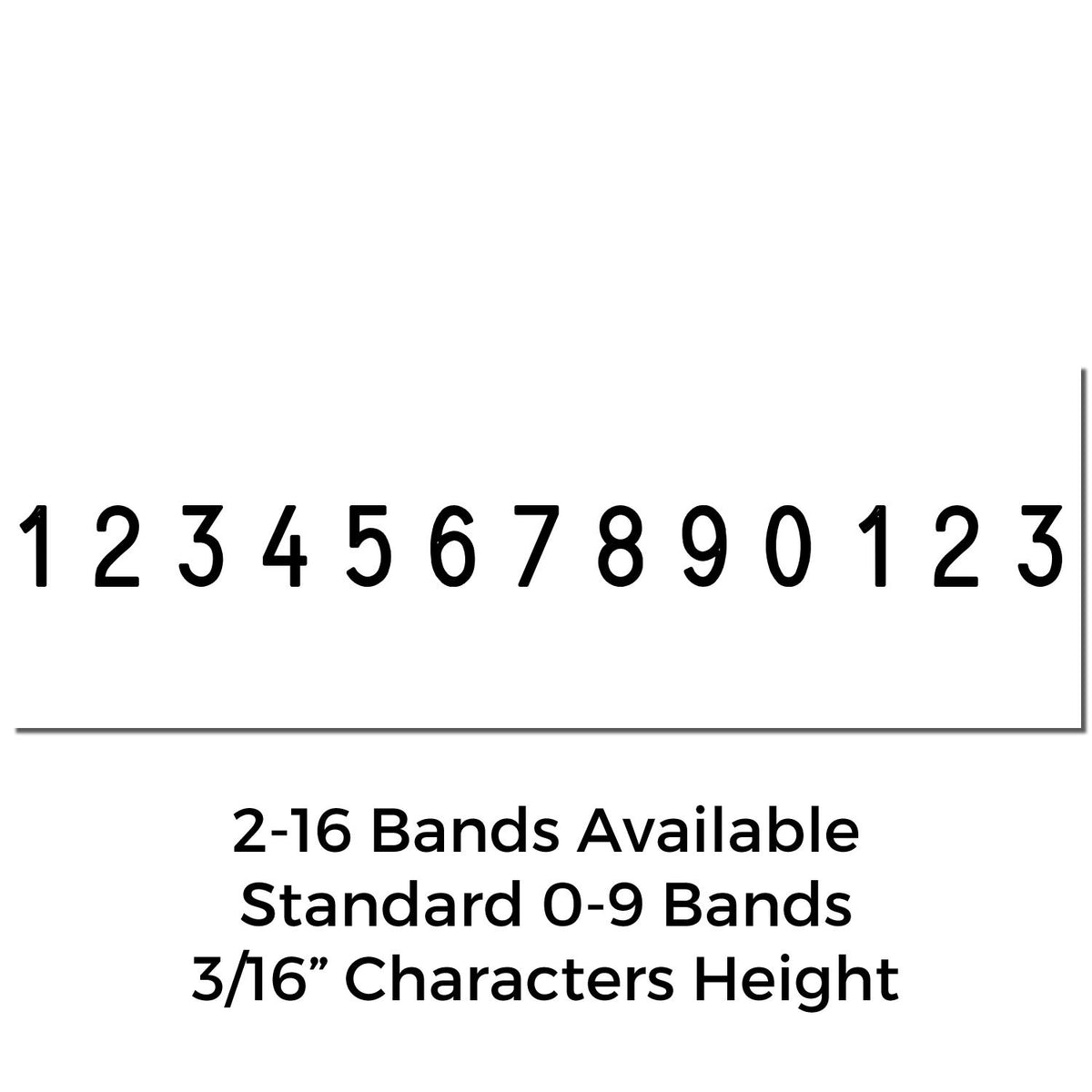 Black 0-9 stamp bands on white, with 3/16-inch characters and 2-16 band options for stamp and seal products.