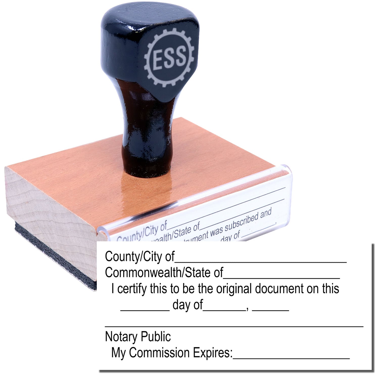 Regular Notary Original Document Stamp with a wooden base and black handle, shown next to a notary certification template.