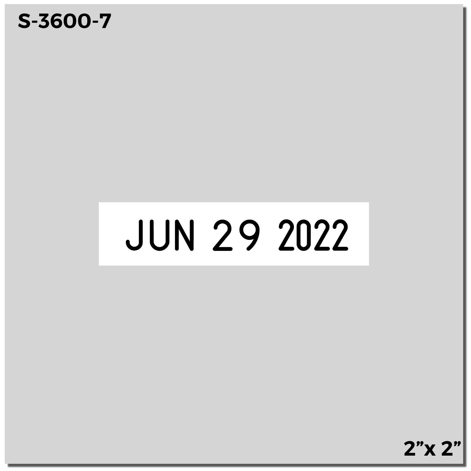 Gray 2x2 self-inking date stamp, S-3600-7, with black JUN 29 2022 on a white insert.