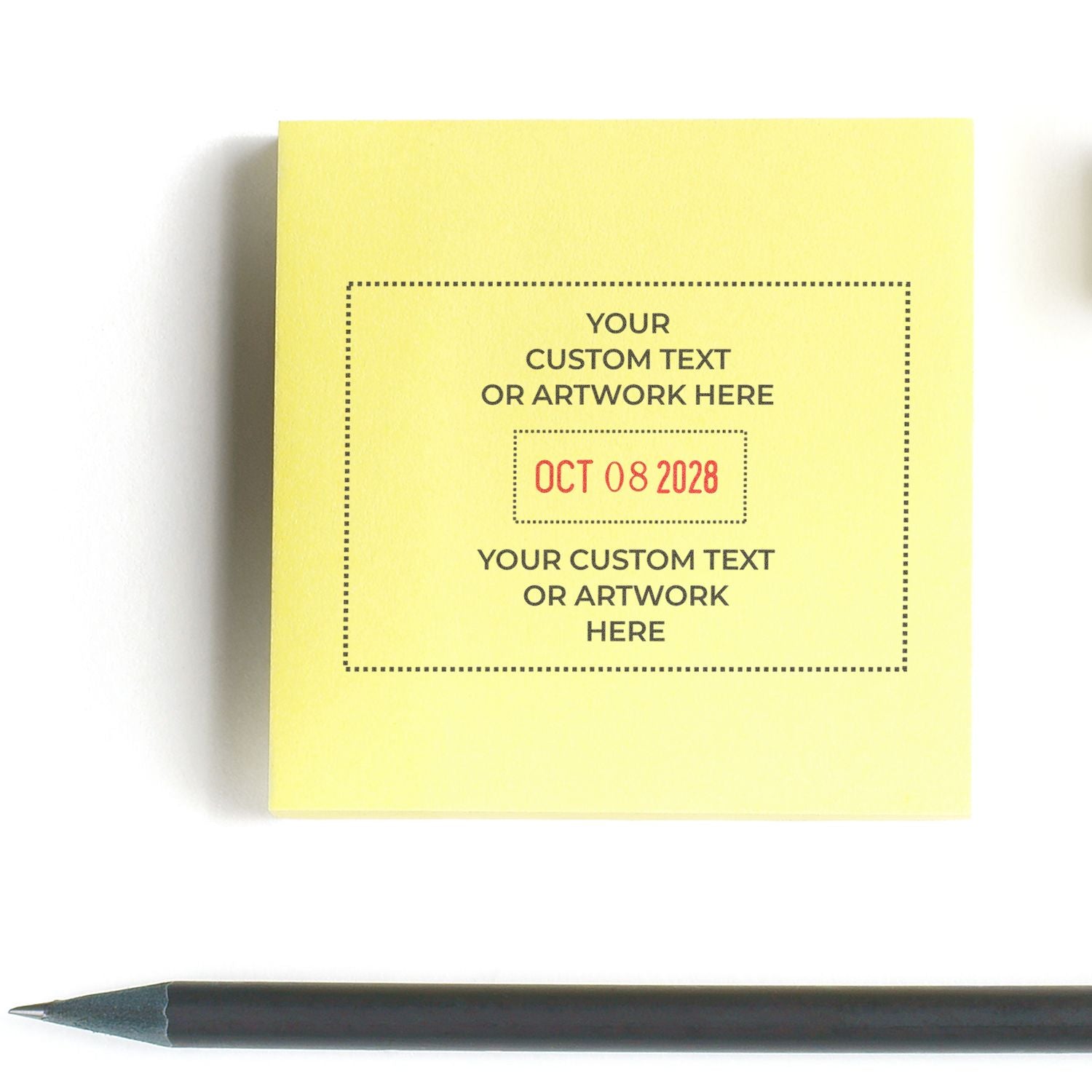 Yellow custom stamp seal with dotted border, black placeholder text, red date OCT 08 2028, and pencil below.