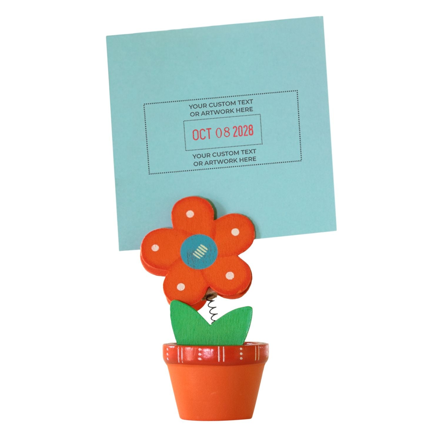 Custom flower stamp and seal with orange petals, green leaves, orange pot, and blue card with red date imprint.