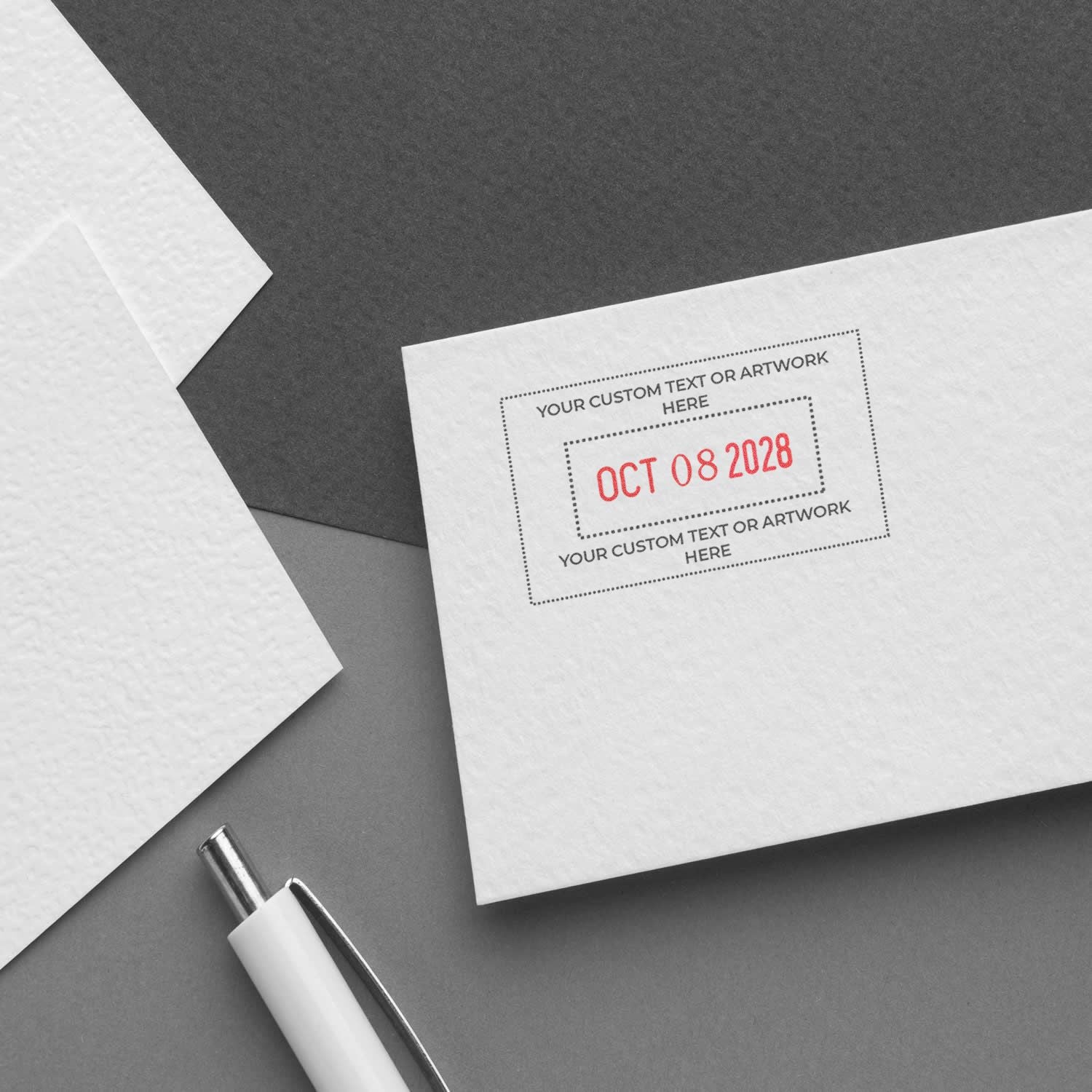 White envelopes with a red custom date stamp and dotted seal border, plus a white stamp tool on a gray background