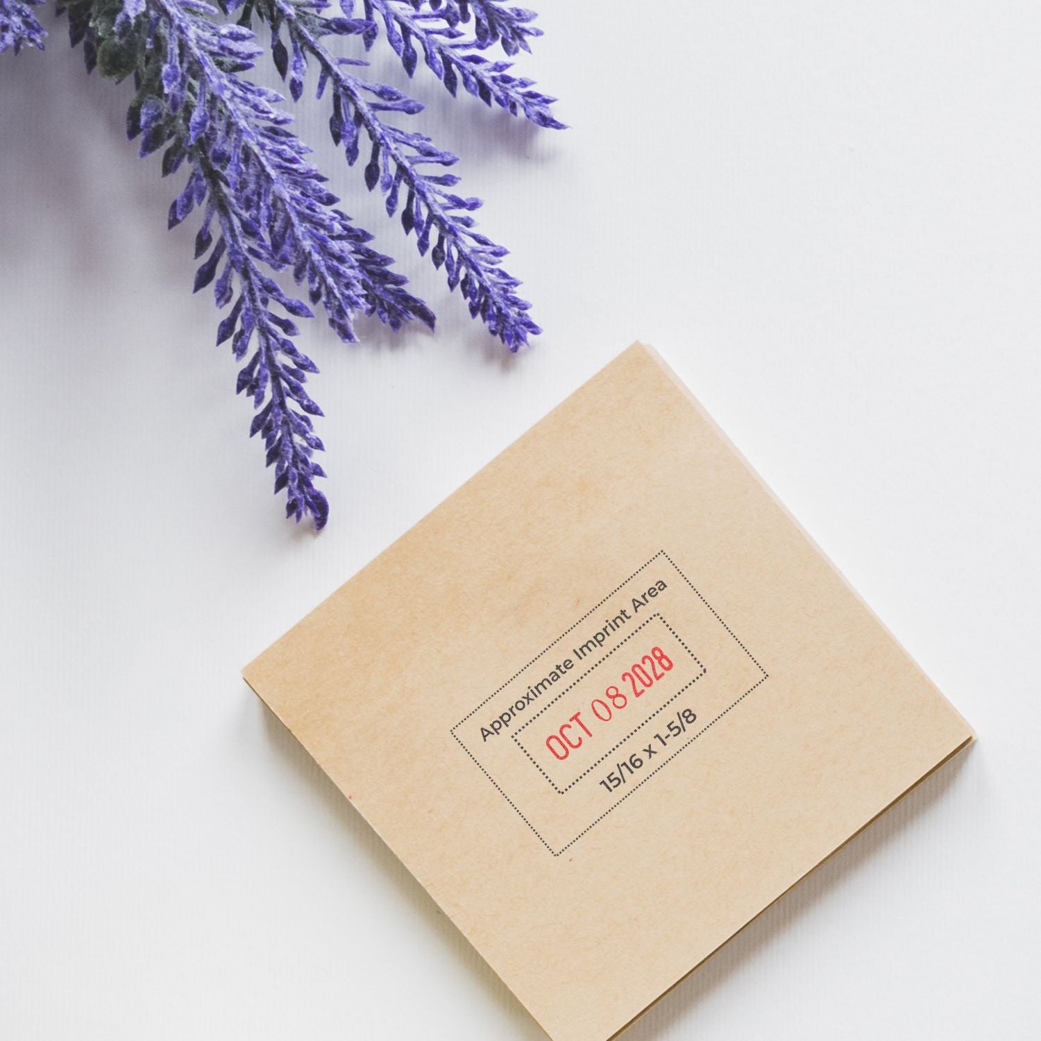 Beige stamp and seal product box with red date imprint, black size text, and purple foliage on a white background.