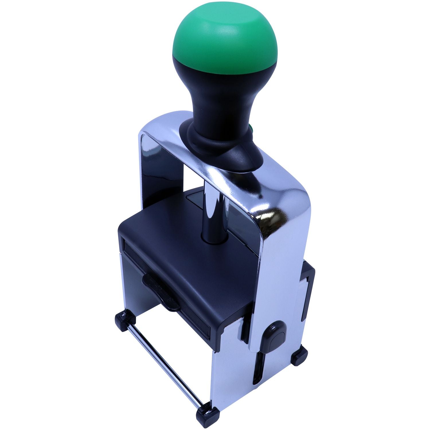 Green-and-black self-inking stamp and seal with chrome metal frame and rounded handle