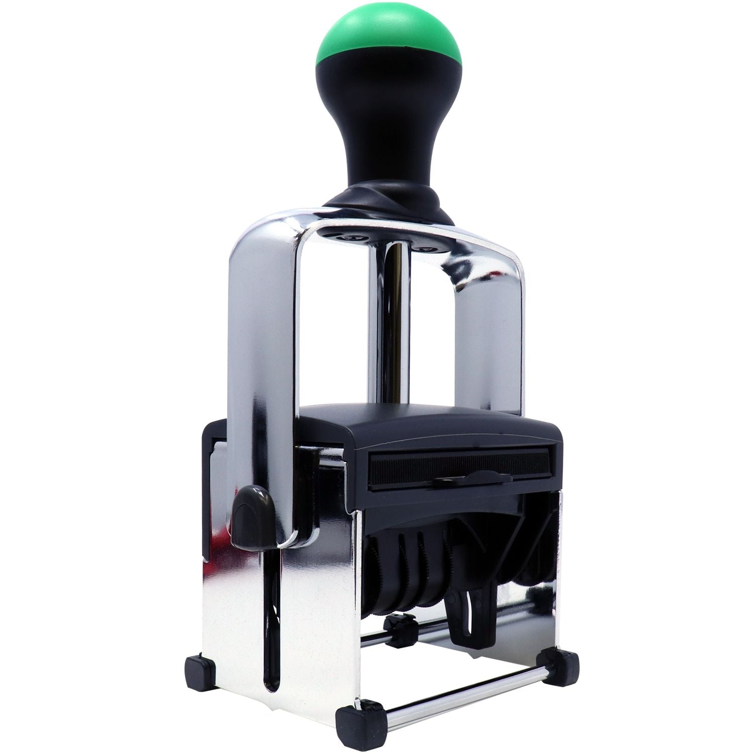 Black and chrome self-inking stamp and seal machine with green handle and rectangular metal frame.