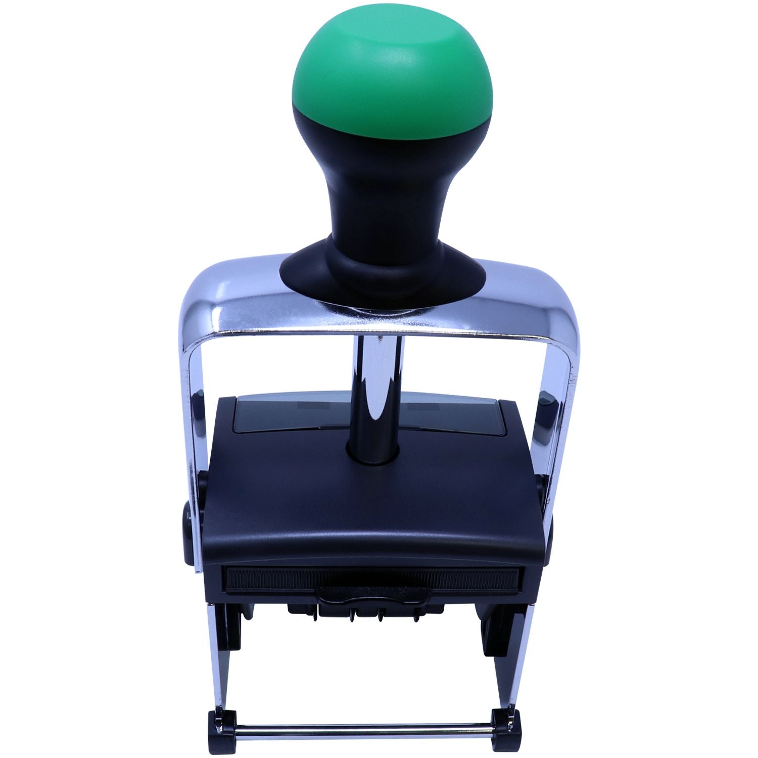 Green-and-black self-inking stamp and seal with silver frame and black base.