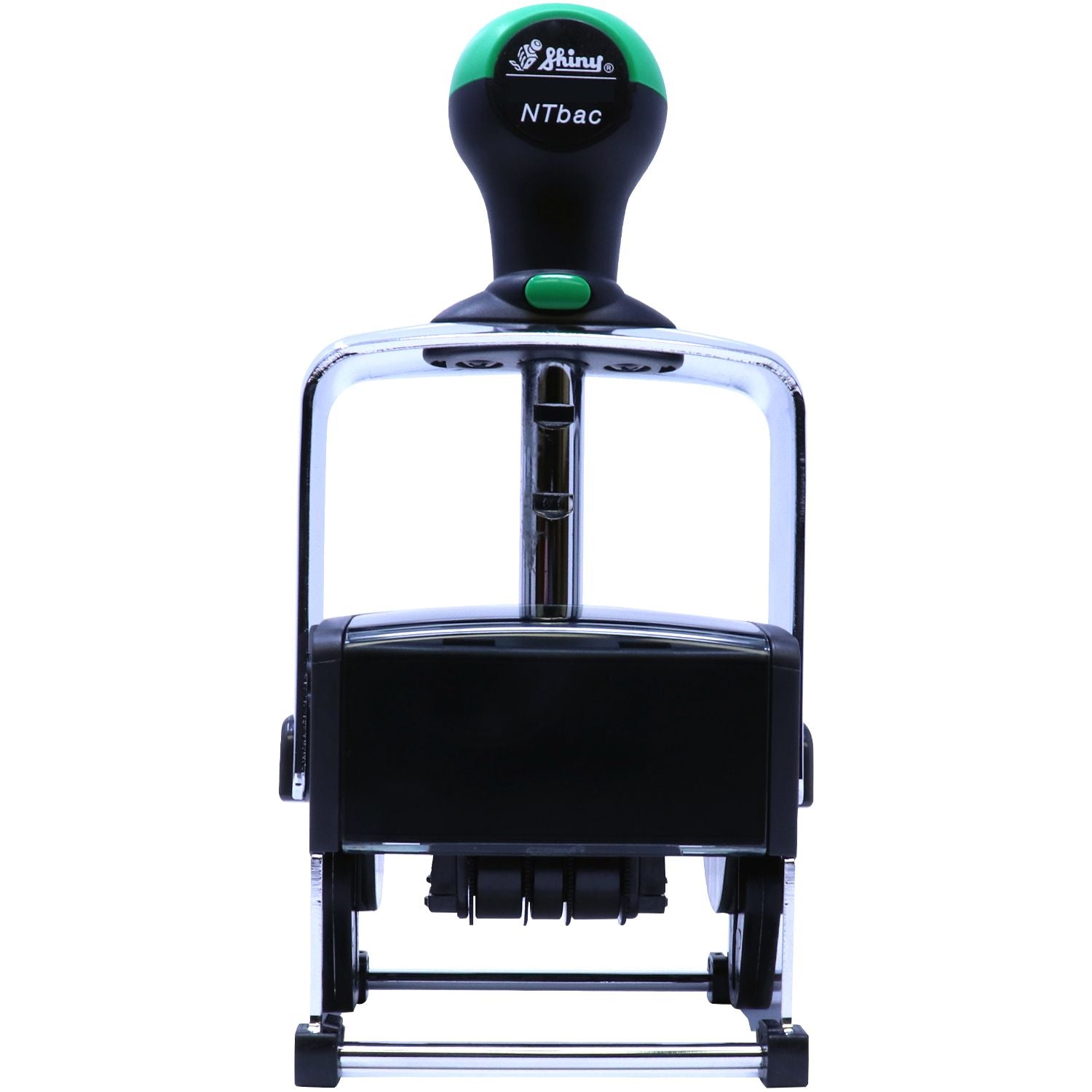 Black and green Shiny NTbac self-inking stamp and seal with chrome frame and rectangular base