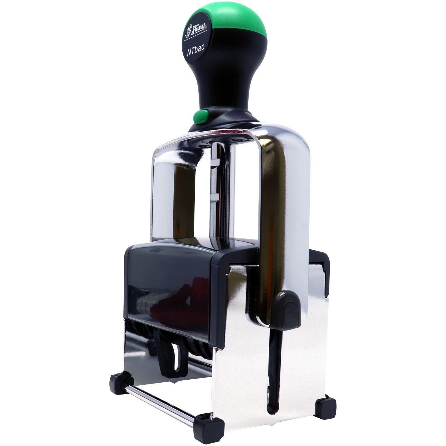 Black and silver self-inking stamp and seal with green handle and chrome frame