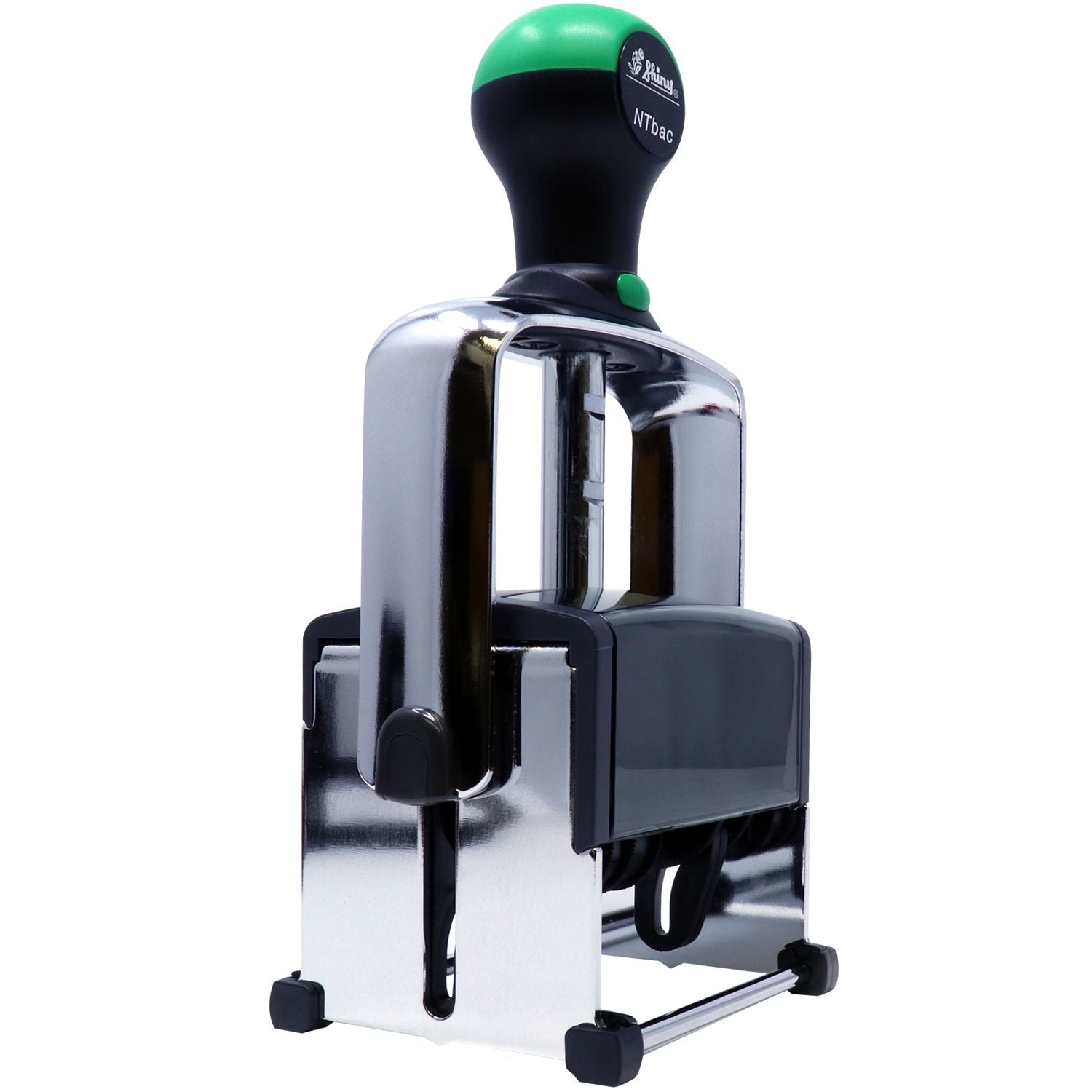 Black and silver self-inking stamp and seal with green handle and chrome frame