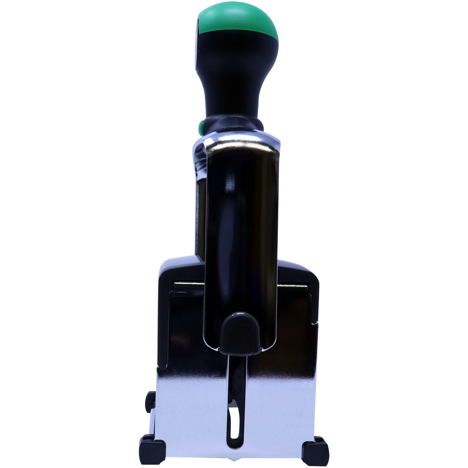 Black and green self-inking stamp and seal with silver base and handles on a white background