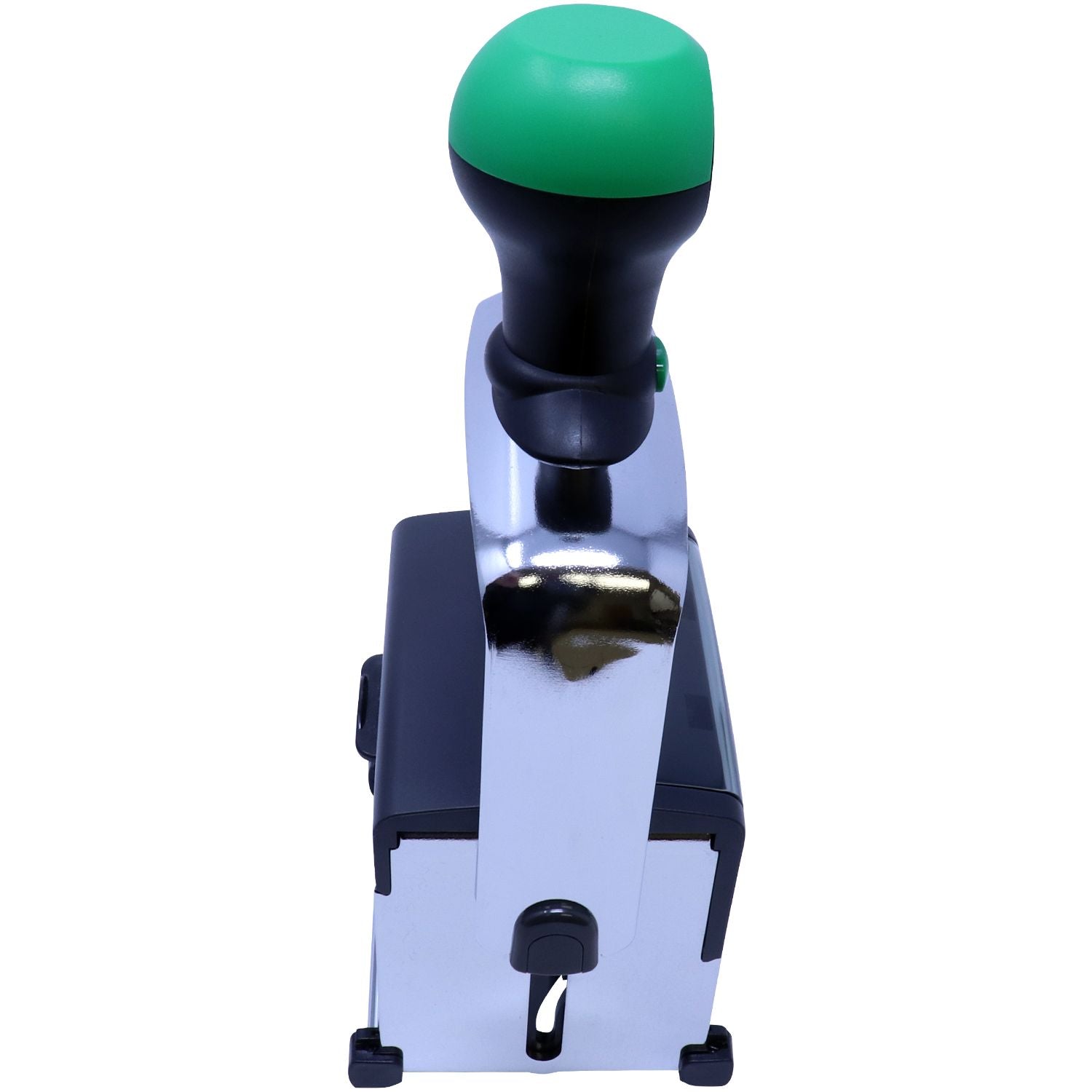 Green and black self-inking stamp and seal with chrome body and base