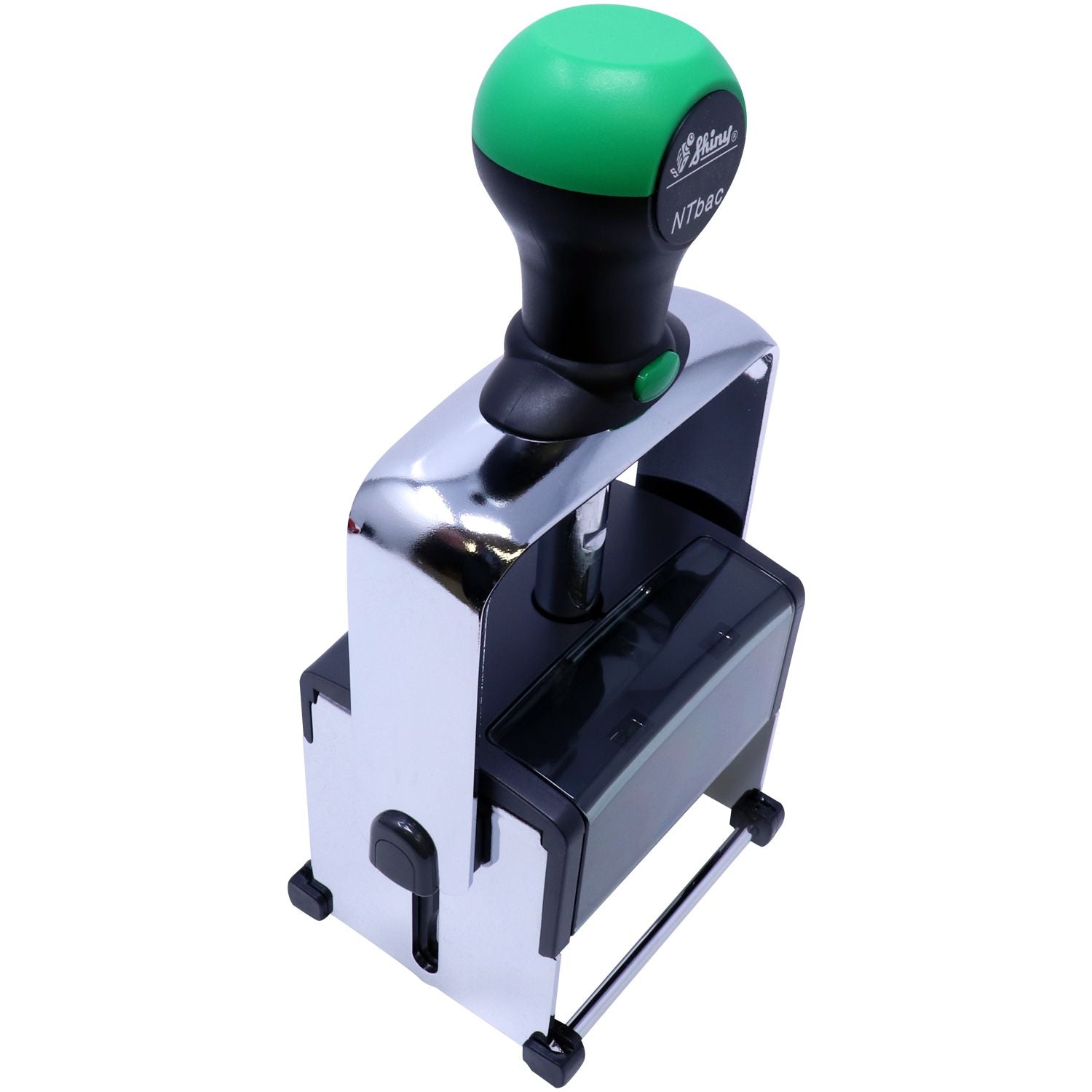 Green-and-black self-inking stamp and seal with silver metal frame and clear ink cover on a white background