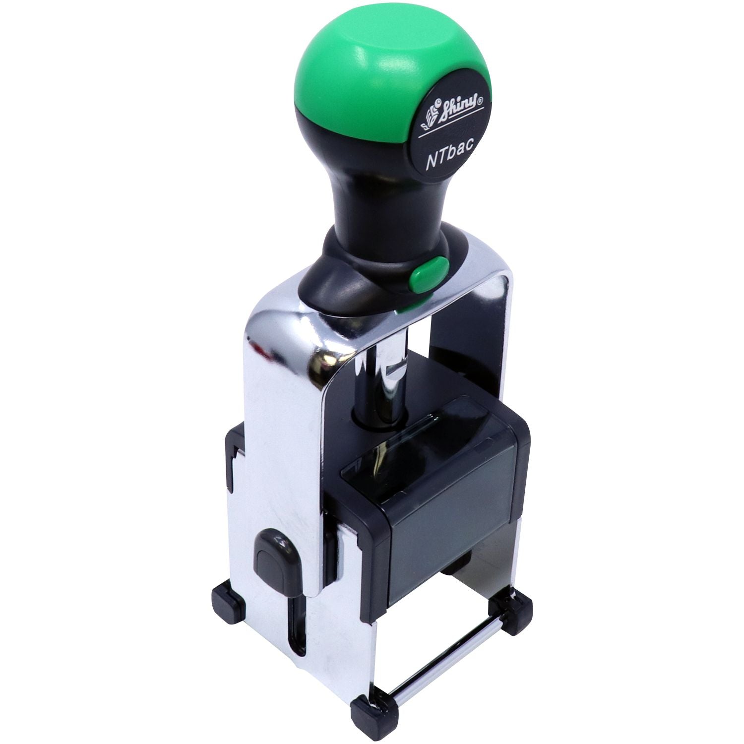 Green-and-black self-inking stamp and seal with chrome body