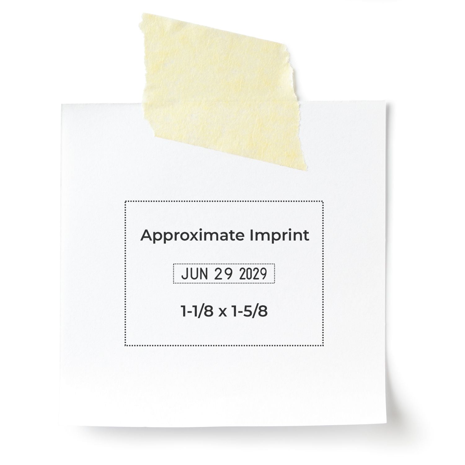 White stamp and seal template with pale yellow tape, dotted imprint box, JUN 29 2029, 1-1/8 x 1-5/8.