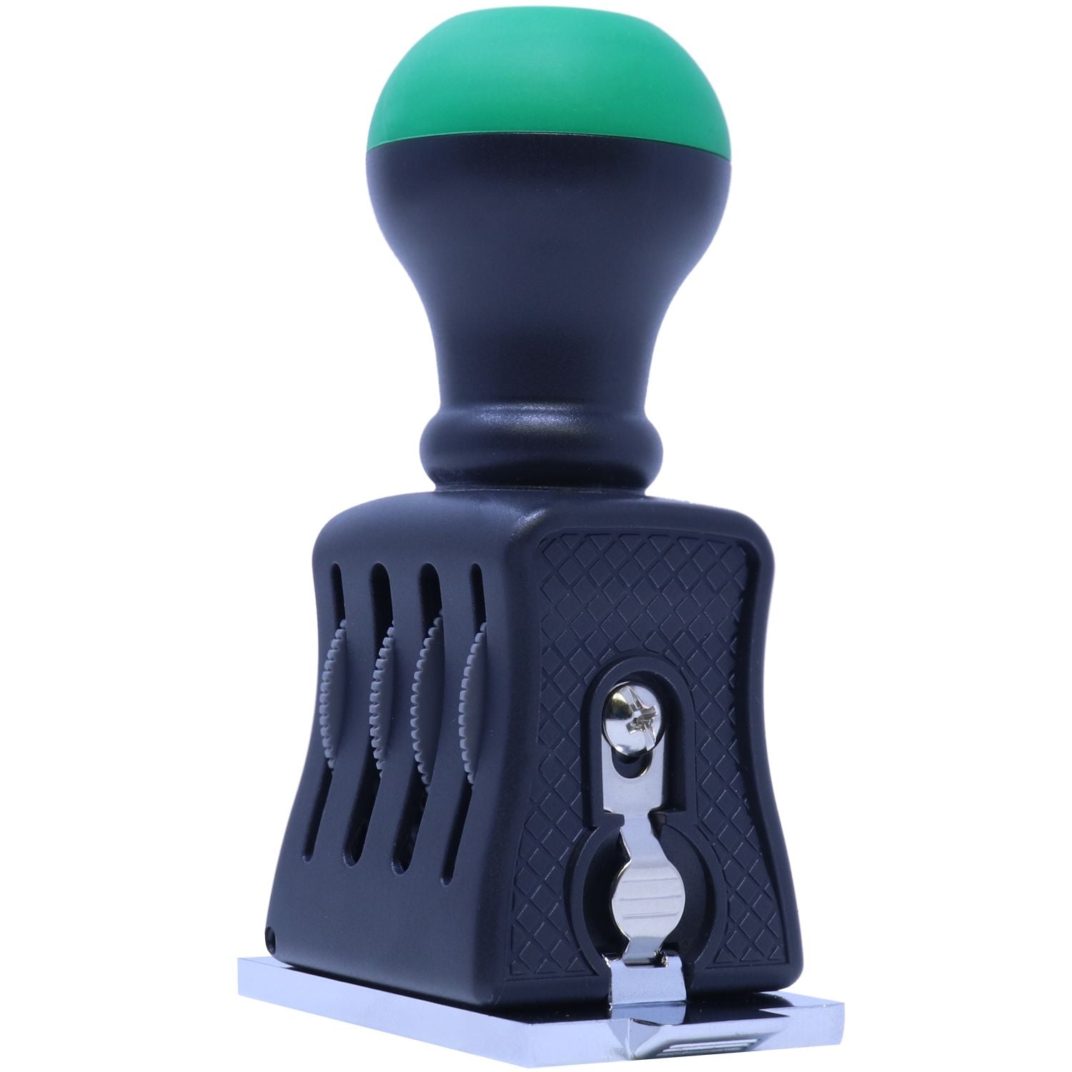 Black and green self-inking stamp and seal with textured grip, metal locking clip, and rectangular base