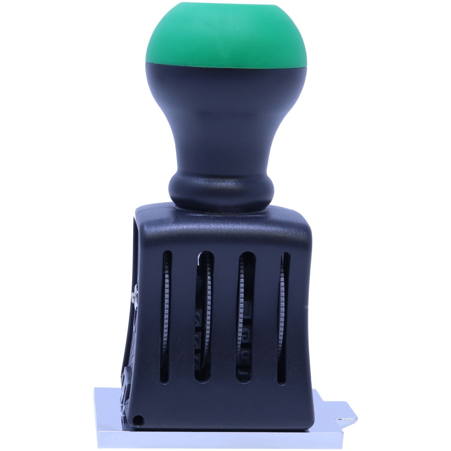 Black self-inking stamp and seal tool with green cap, navy body, and blue base on white background