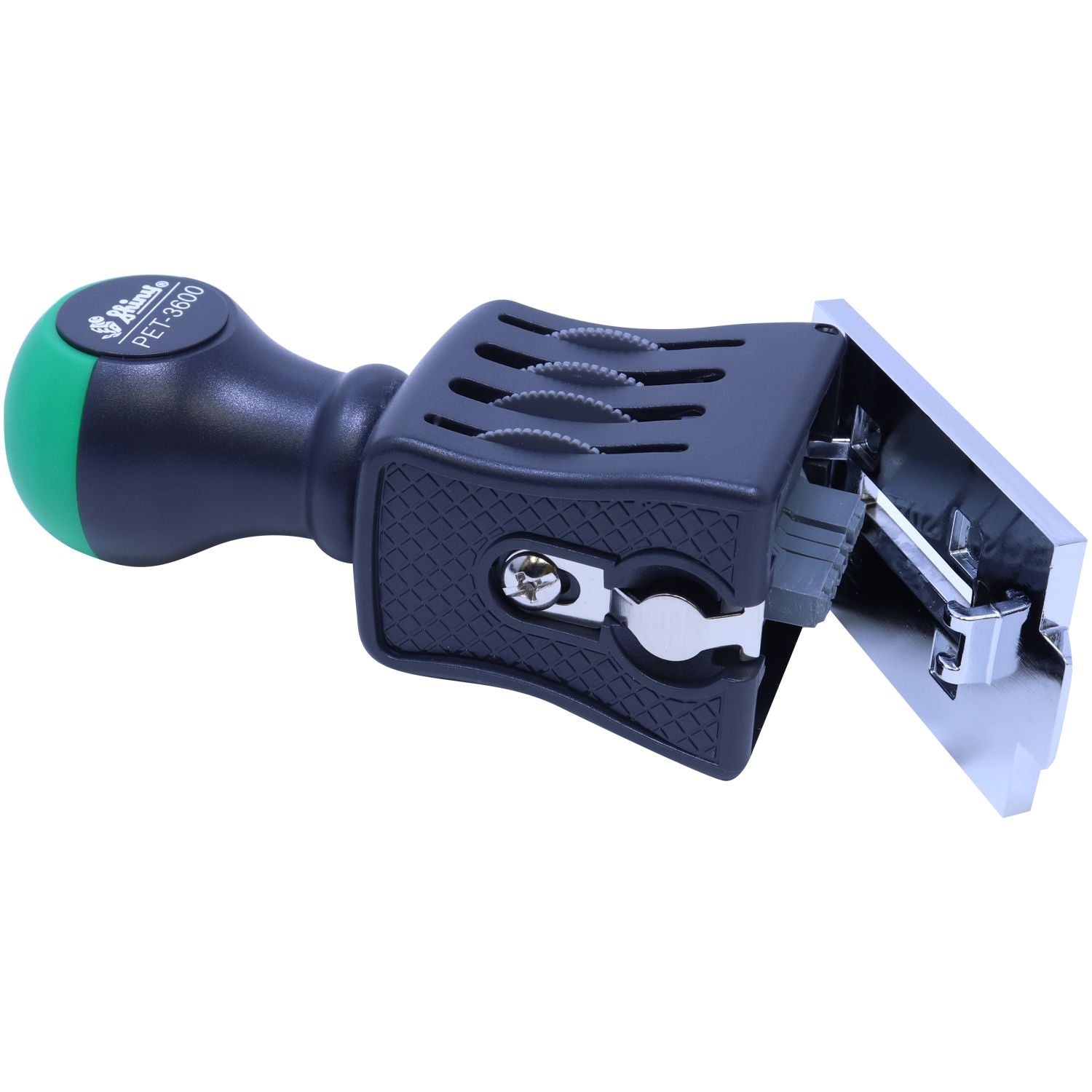 Black and green self-inking stamp seal with chrome base plate and textured grip