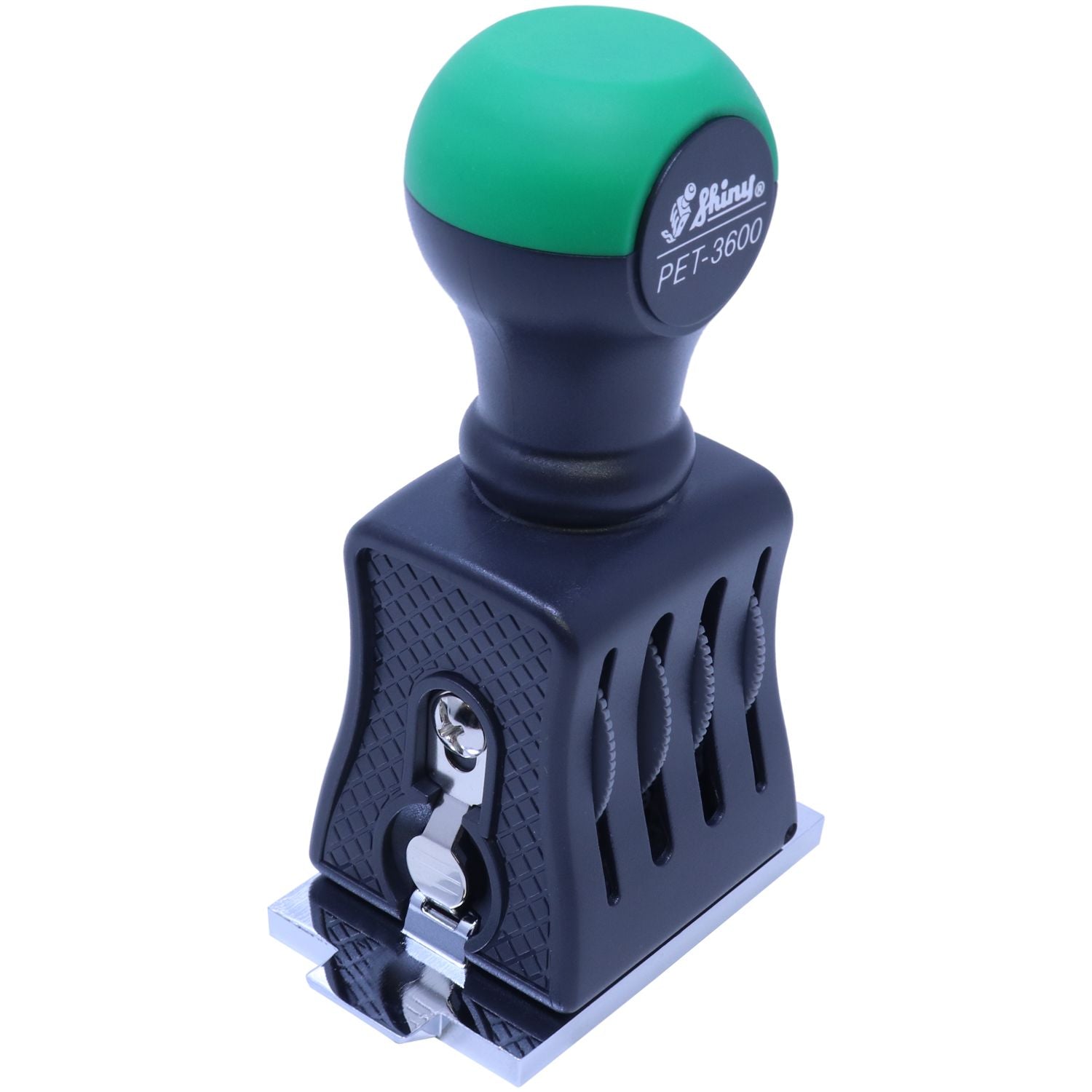 Green and navy self-inking rubber stamp with silver base, Shiny PET-3600 seal.