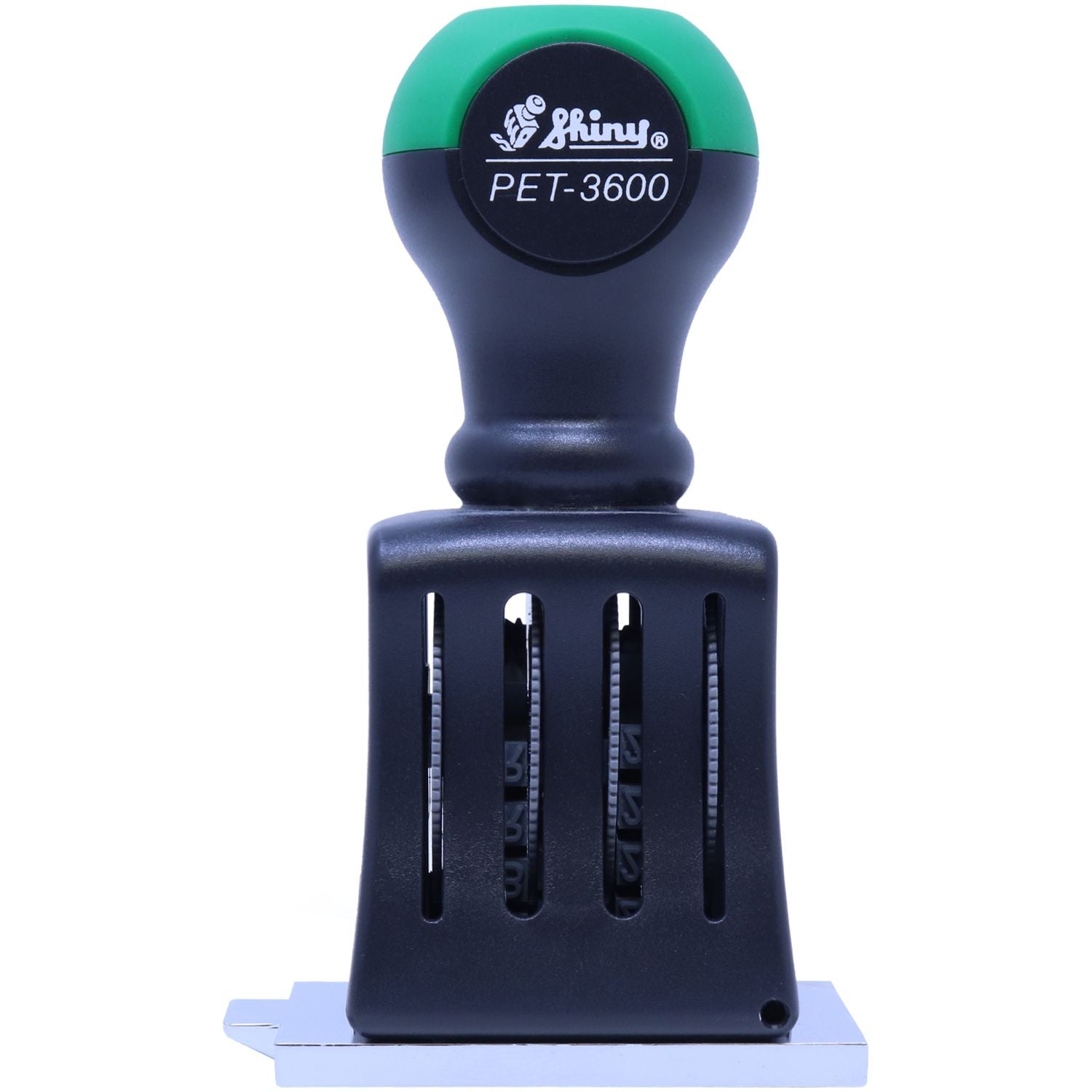 Black and green Shiny PET-3600 self-inking stamp and seal with adjustable date wheels on a white background.