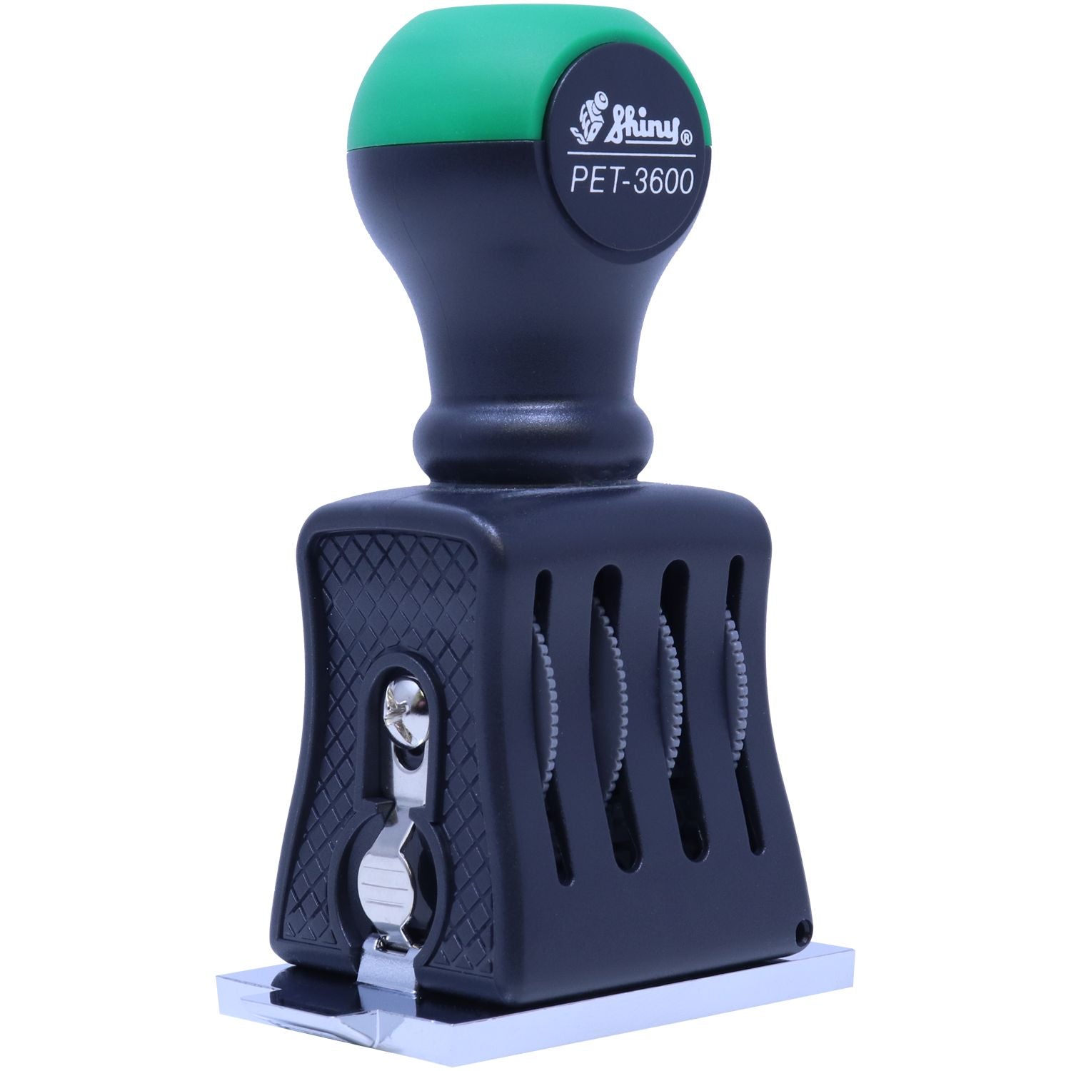Green and navy self-inking stamp and seal with PET-3600 label, textured grip, and clear base