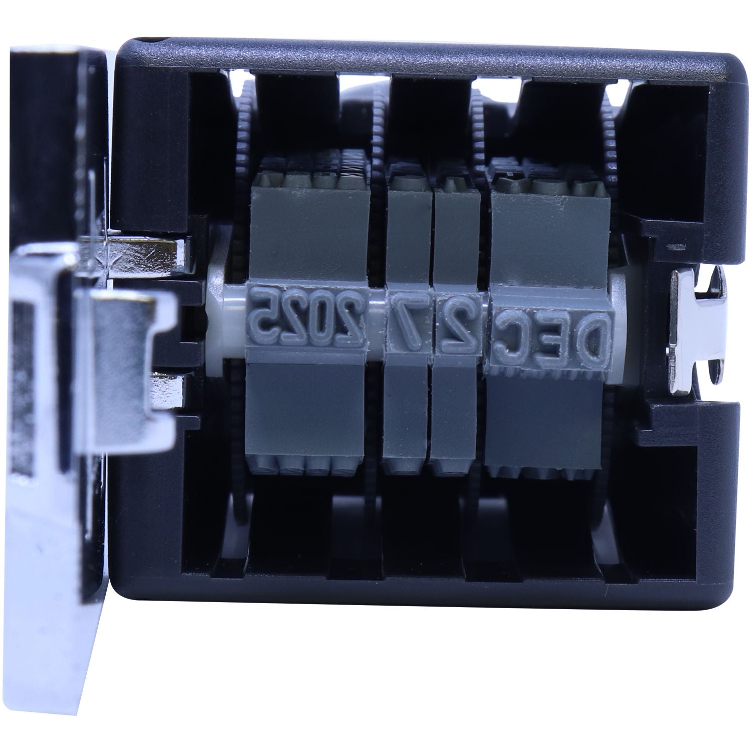 Black self-inking date stamp with gray rotating number bands and silver metal latch on a white background.