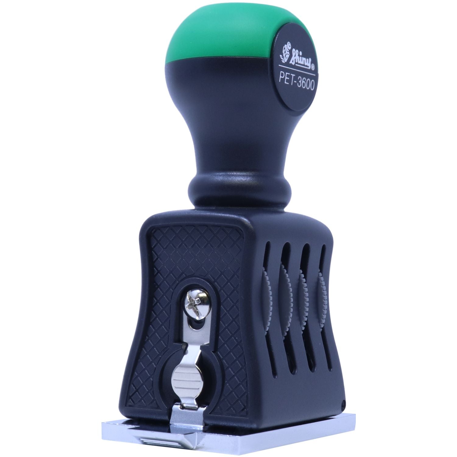 Black and green self-inking stamp and seal with silver base, textured grip, and PET-3600 label on top.