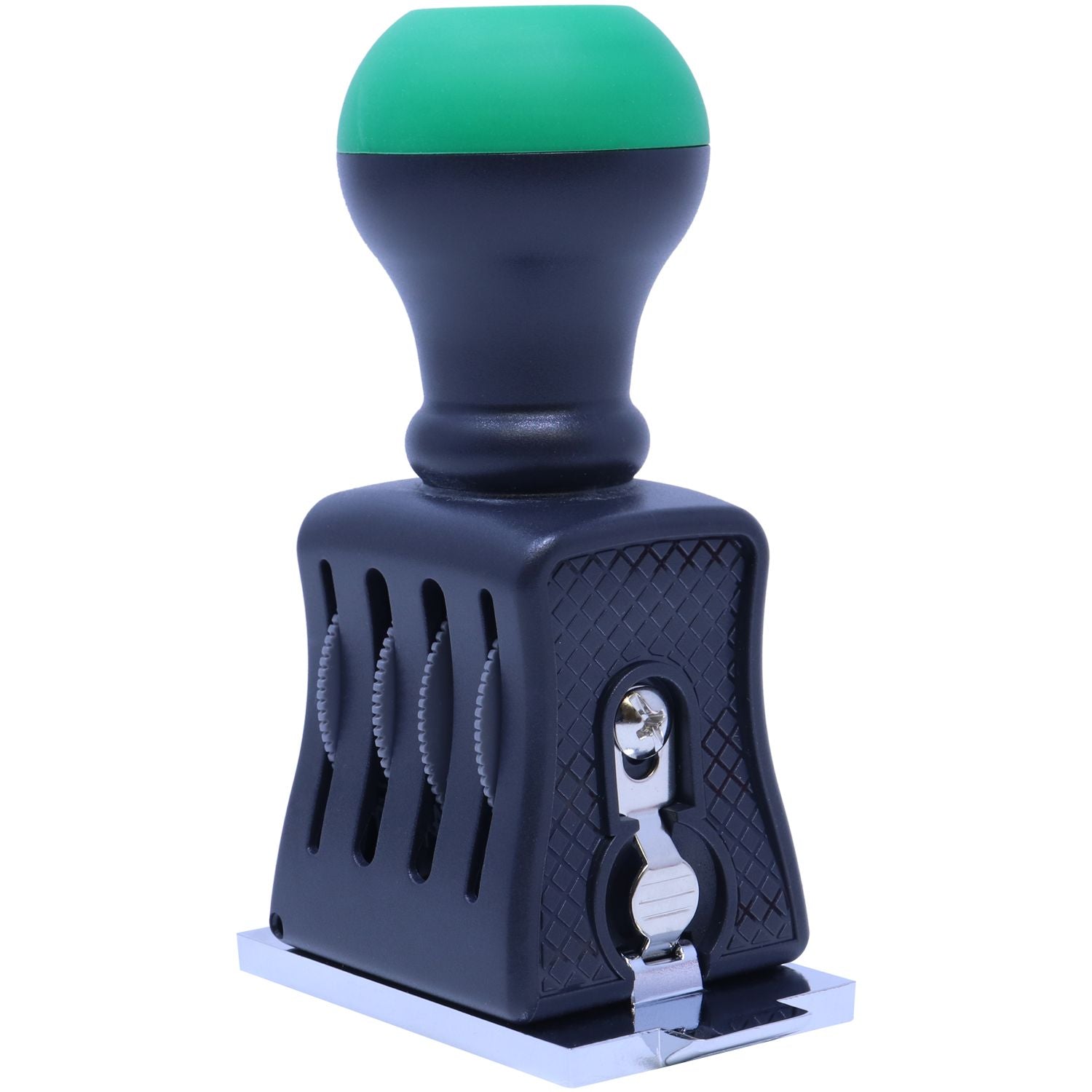 Black self-inking stamp and seal with green handle, chrome base, and textured grip