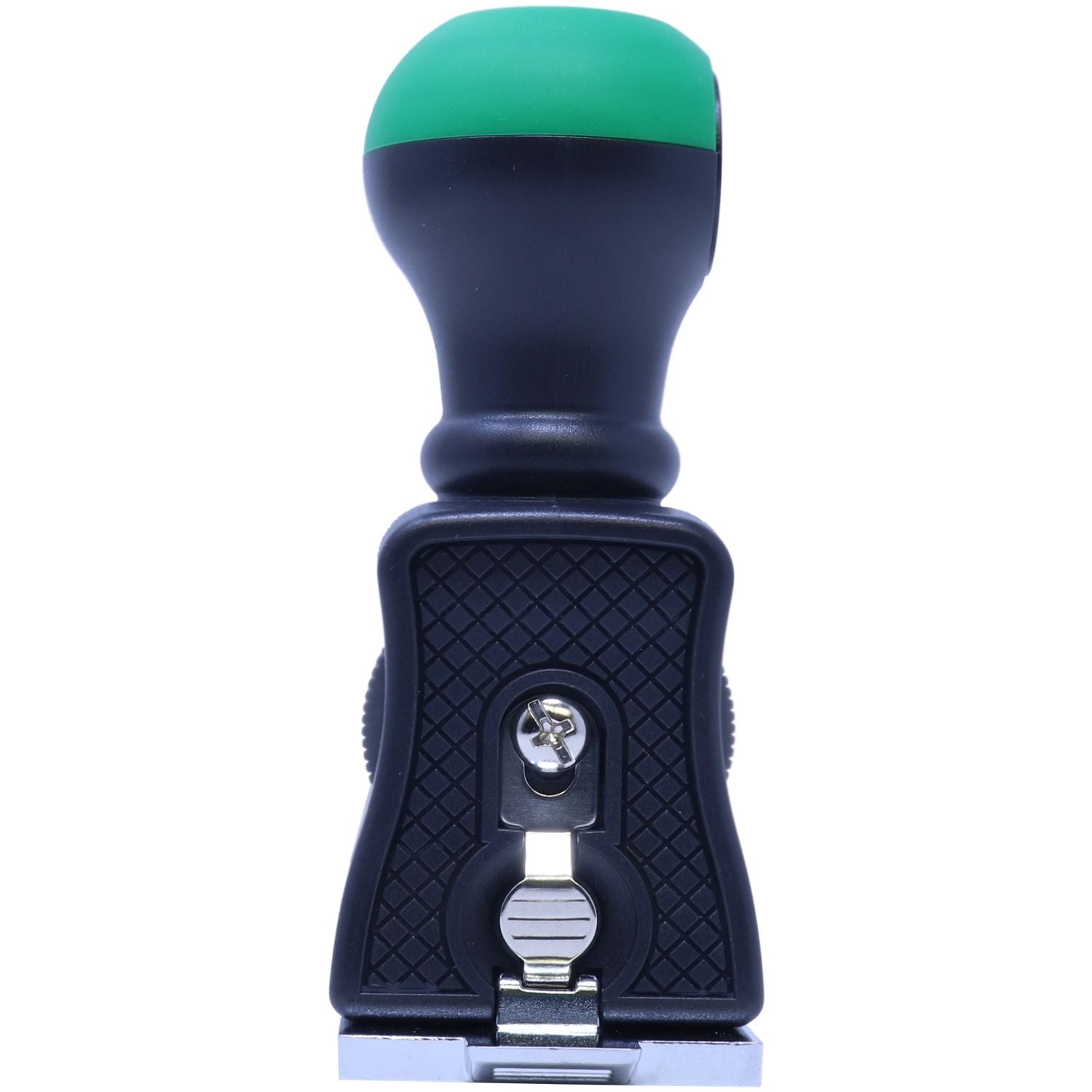 Black self-inking stamp seal with green cap, textured black body, and silver metal clip base