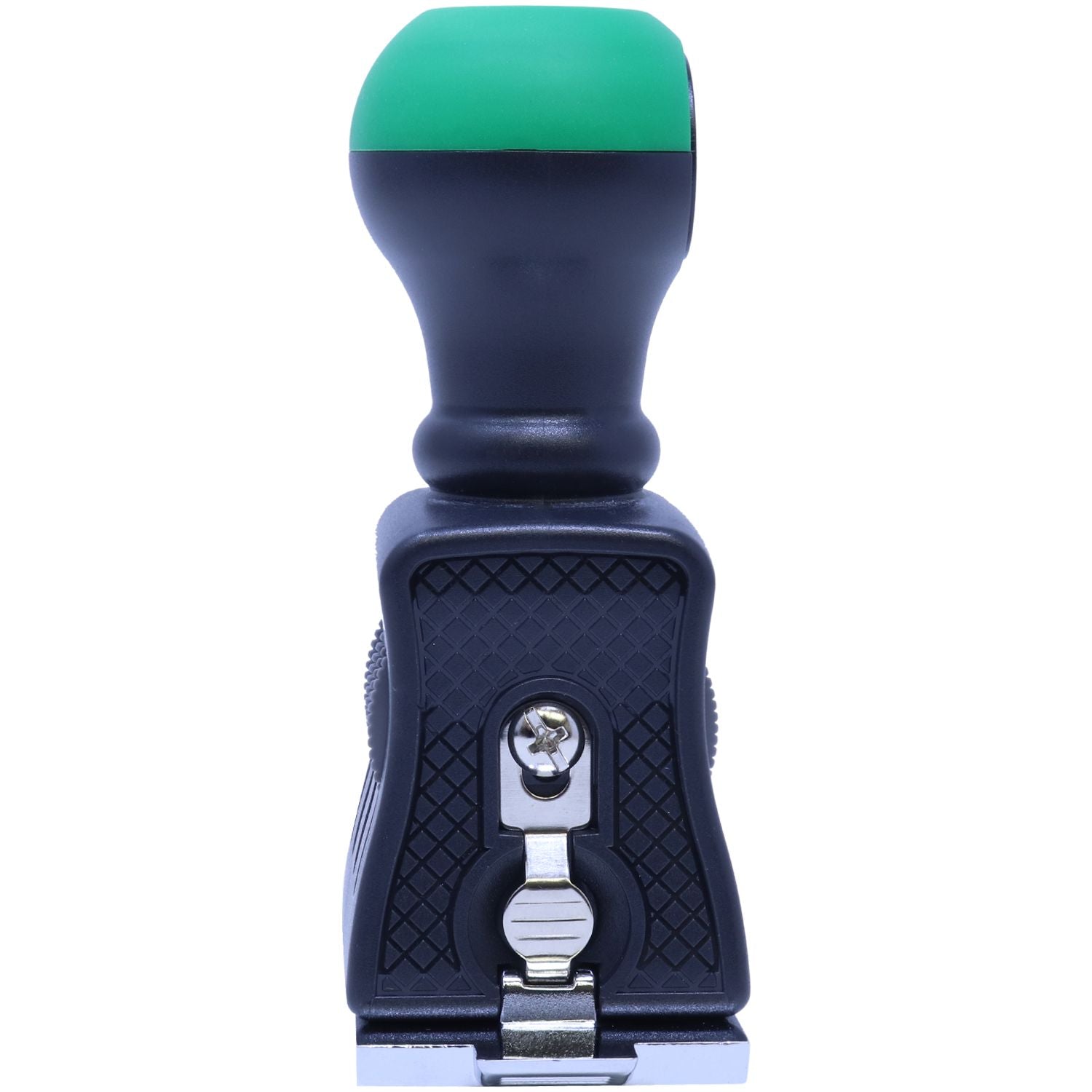 Green-topped black self-inking stamp and seal with silver clasp, shown on a white background.