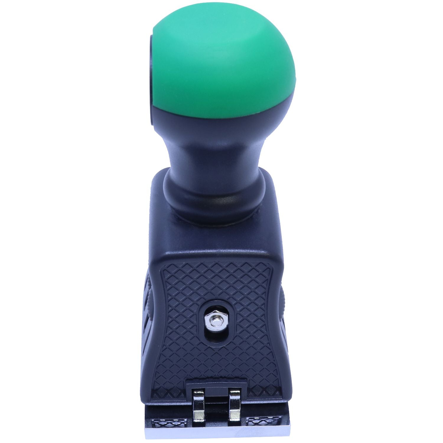 Black self-inking stamp and seal with green rounded cap and textured black grip on white background.