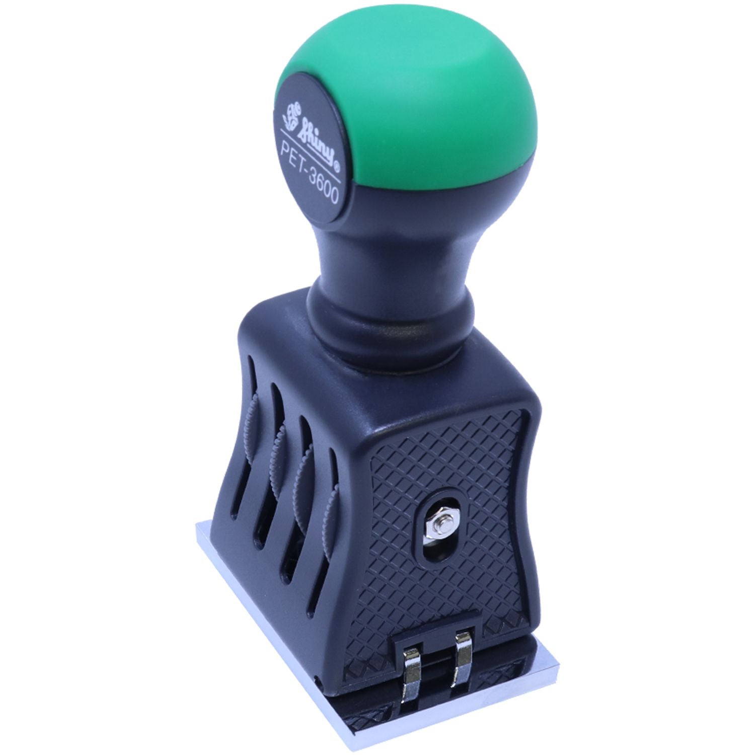 Green-topped navy self-inking stamp seal with textured grip and silver base
