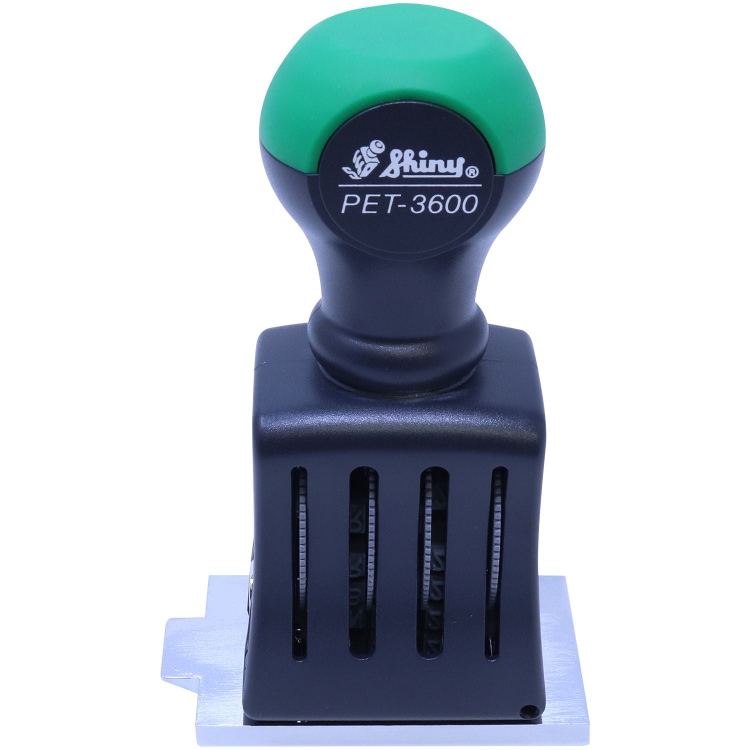Green and navy Shiny PET-3600 self-inking stamp and seal with metal base